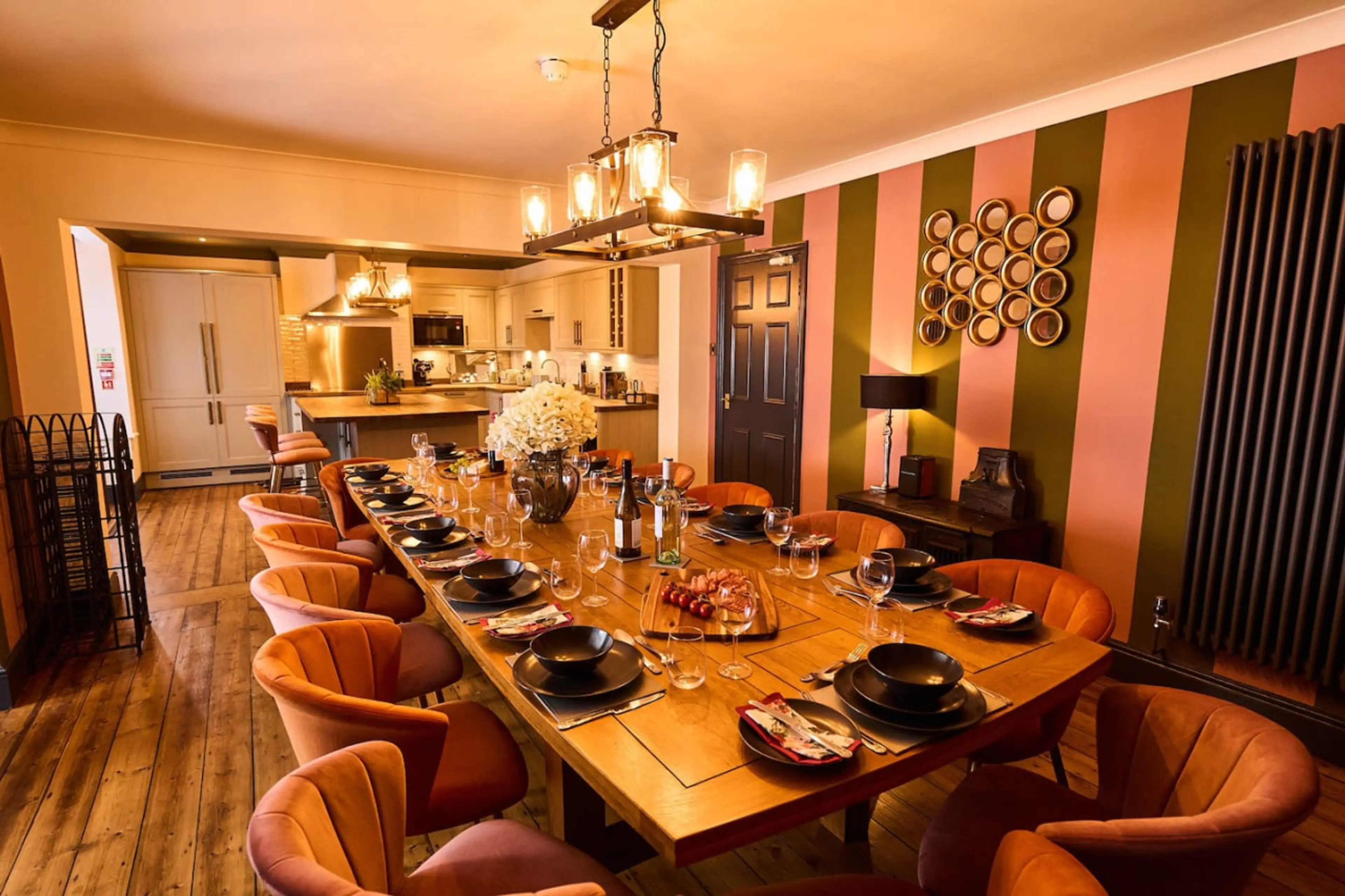 Large dining table and chef-ready kitchen