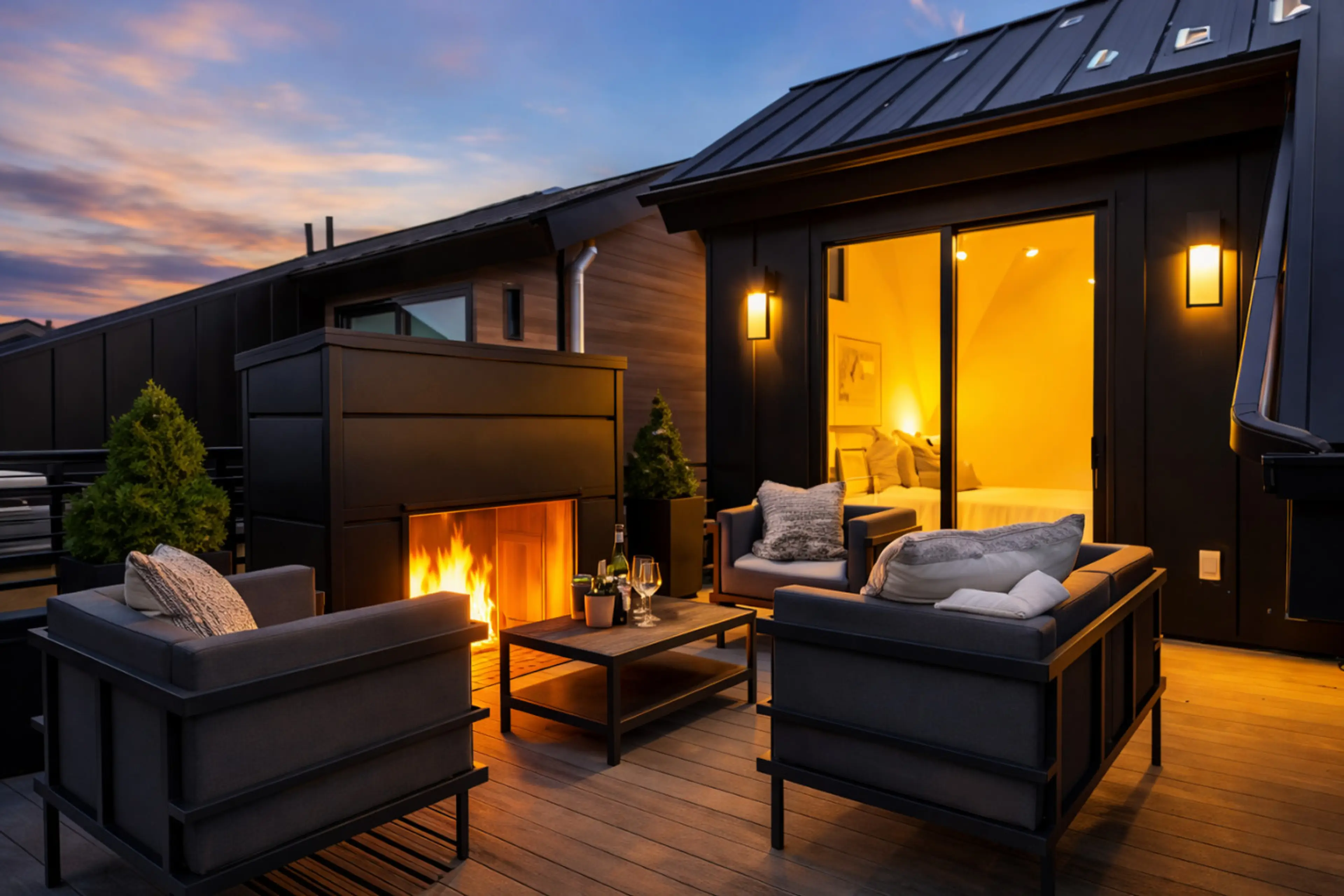 The rooftop also features a cozy fireplace, perfect for unwinding under the stars.