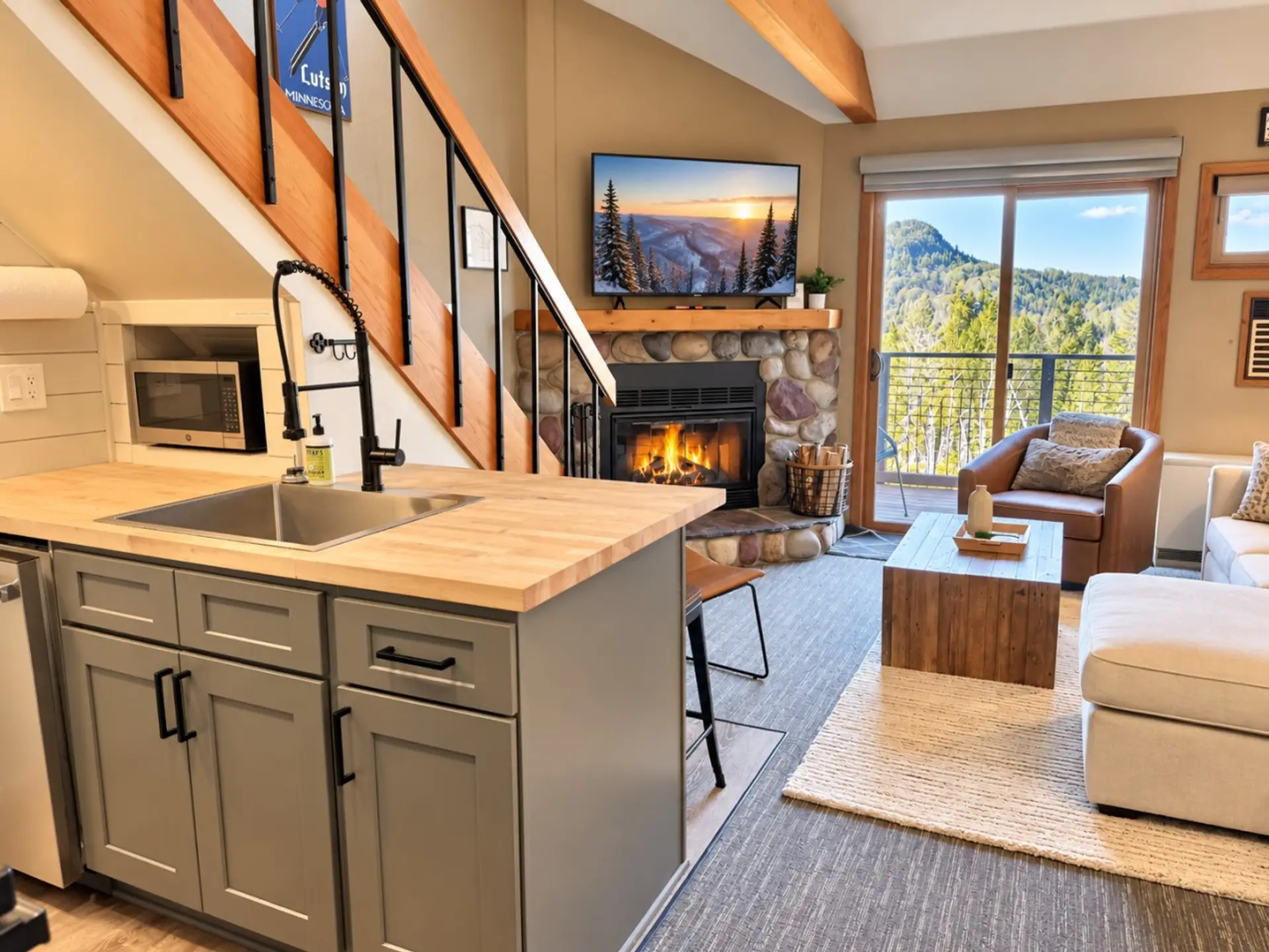 Cozy real wood burning fireplace