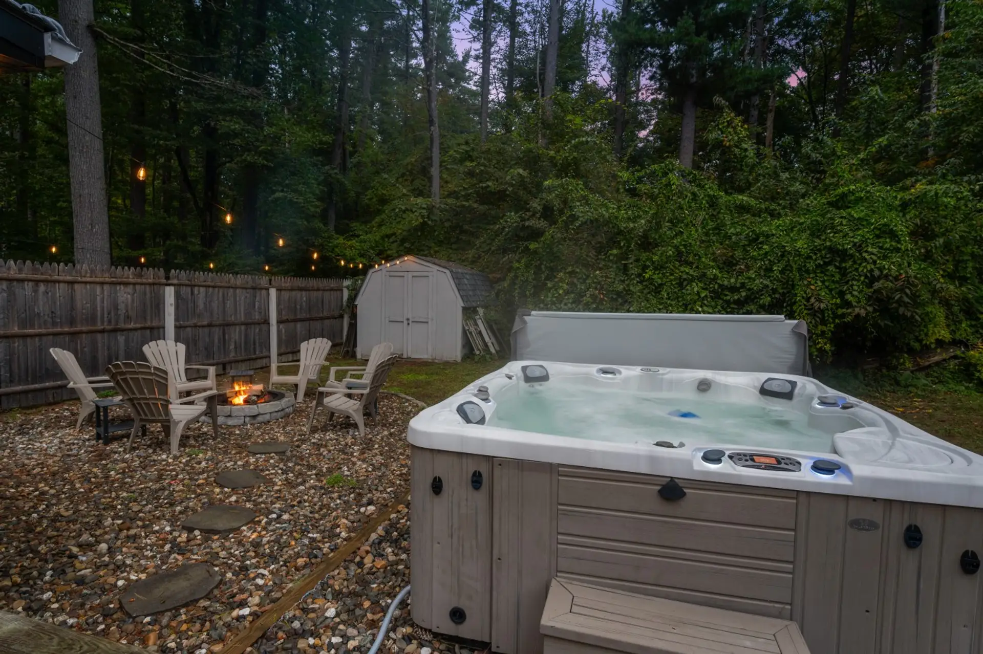 Hot tub and fire going at the same time. That is the whole pitch.