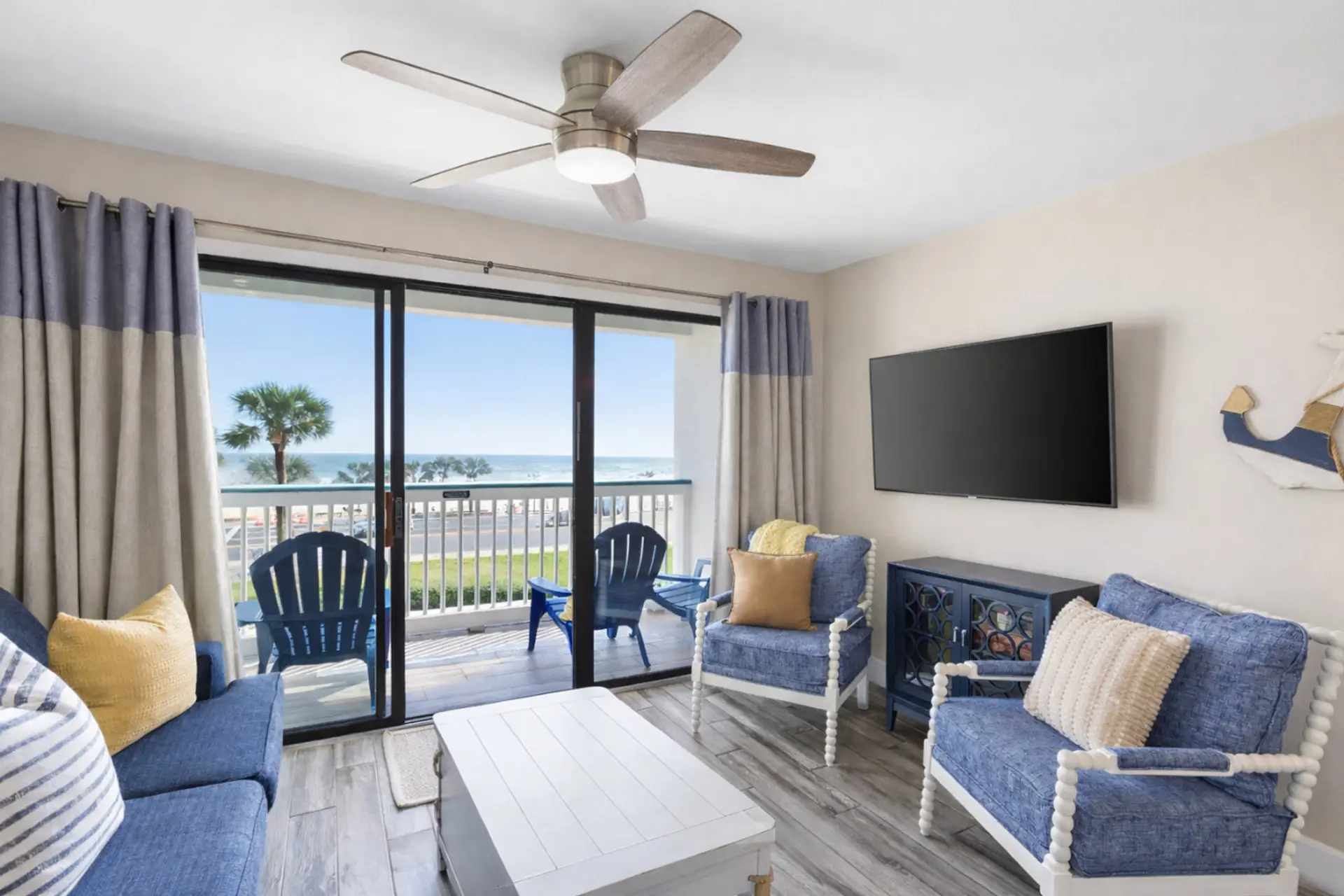 Relax indoors with ocean views in this Galveston beachfront condo.