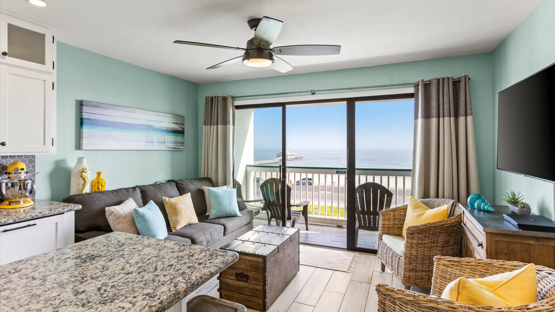 Relaxing coastal living room with direct Seawall ocean views