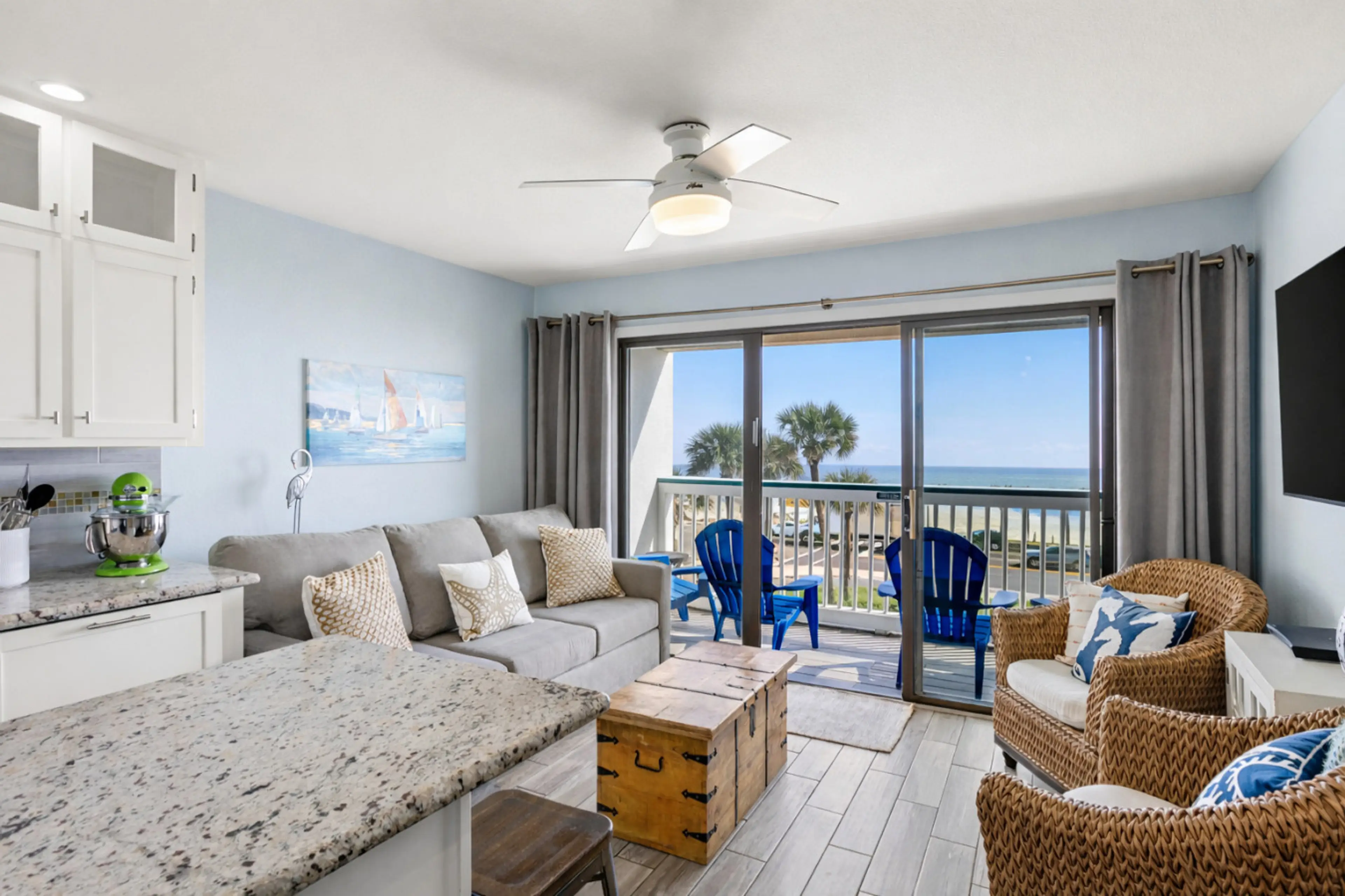 Stay steps from the sand at Casa Del Mar—Sandy Seashore Solace #303 is a top-floor Galveston beachfront condo near the pier.