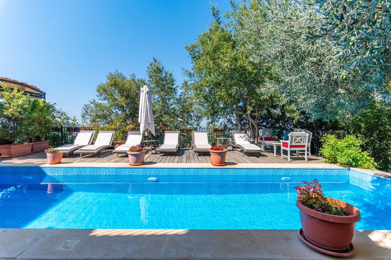 Pool terrace at Villa Bridi, a 7-bedroom villa in the Batroun hills, Lebanon