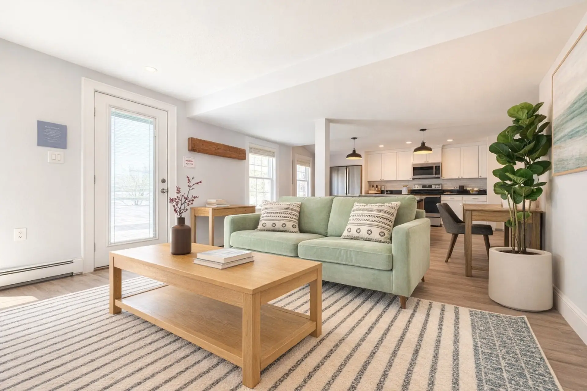 Bright and airy open concept living room filled with natural light. Enjoy the comfortable sage green sofa, wooden coffee table, and striped area rug, ideal for relaxing with a book or spending time with friends and family. This space flows seamlessly into