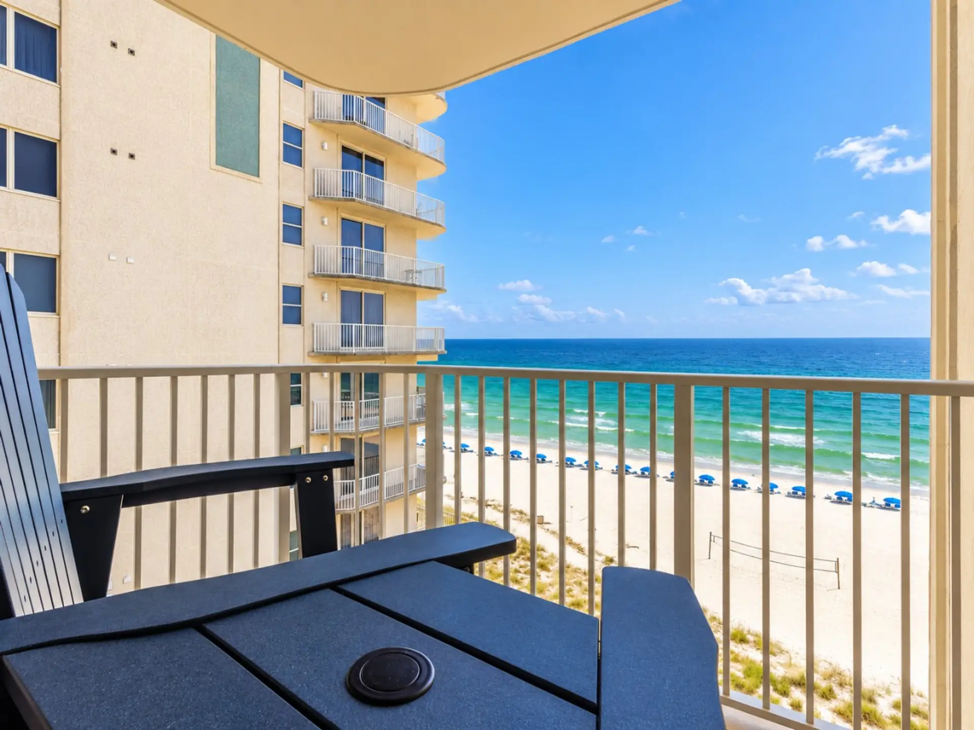 Beautiful Gulf views from the balcony overlooking the white-sand beach.