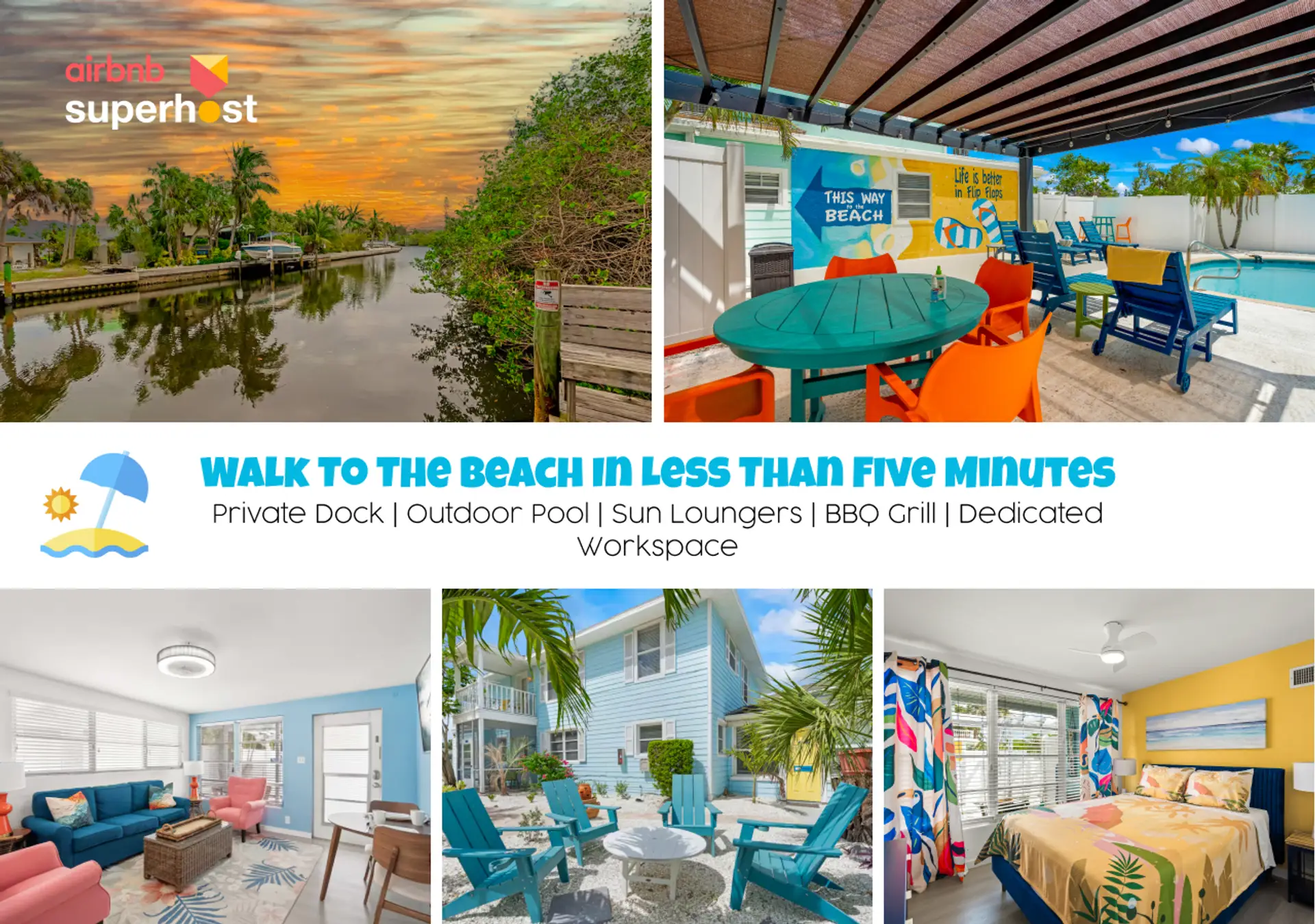 Siesta Key Beach retreat featuring private dock, pool, patio, and walk-to-beach access in under five minutes.