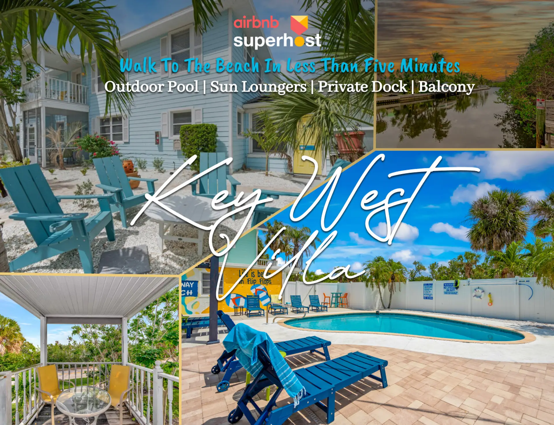 Siesta Key Beach Retreat just five minutes from the sand—featuring a private dock, outdoor pool, sun loungers, and balcony for the ultimate coastal escape