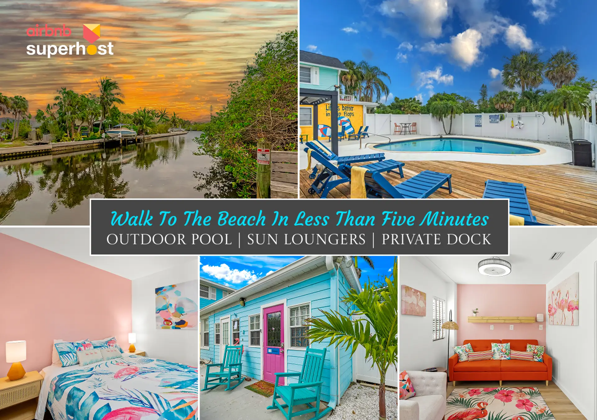 Siesta Key Beach Retreat with outdoor pool, private dock, and vibrant coastal interiors—your five-minute walk to sun, sand, and laid-back luxury