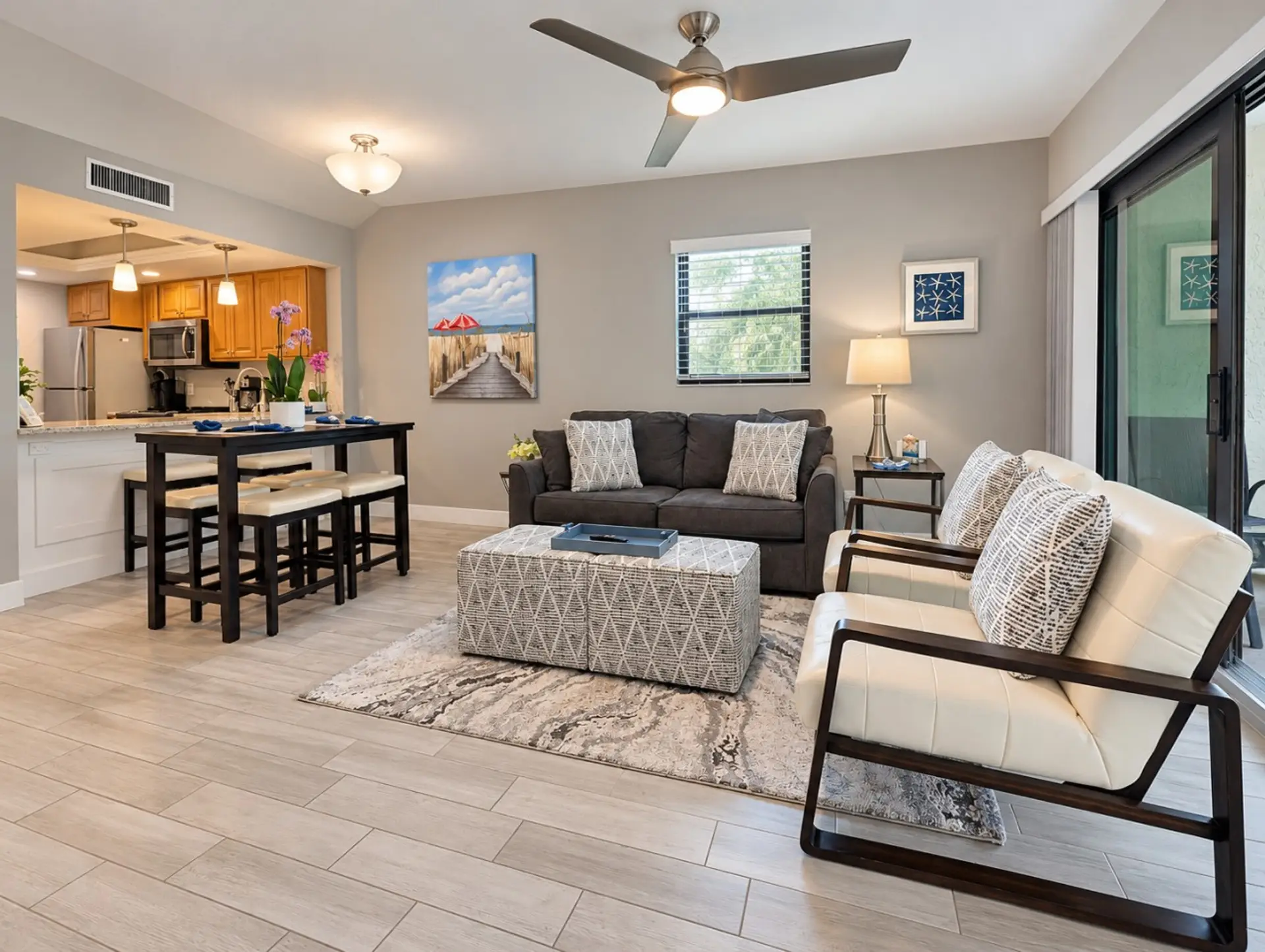 Bright coastal living and dining room