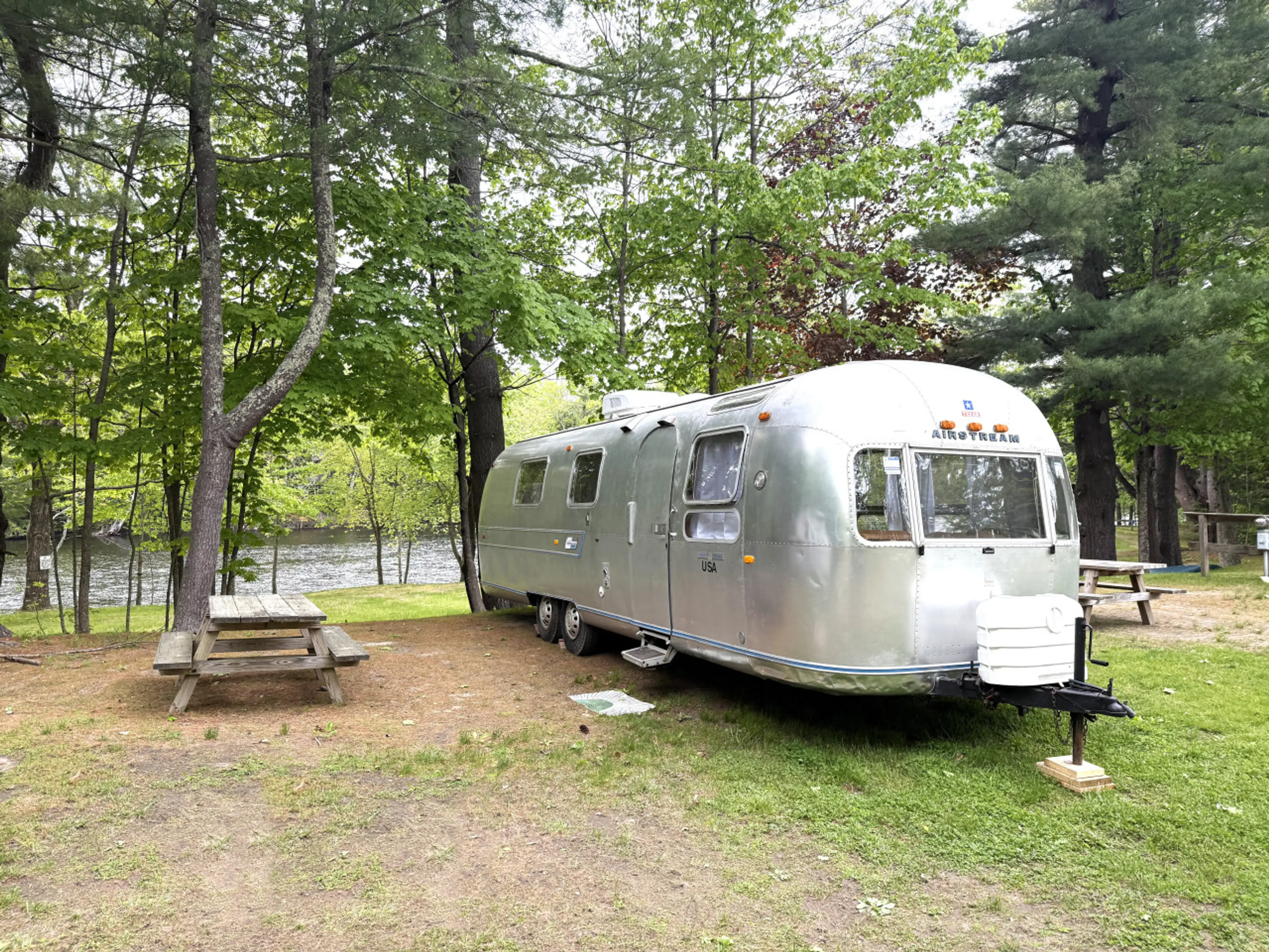 Vintage Airstream on the Saco River.