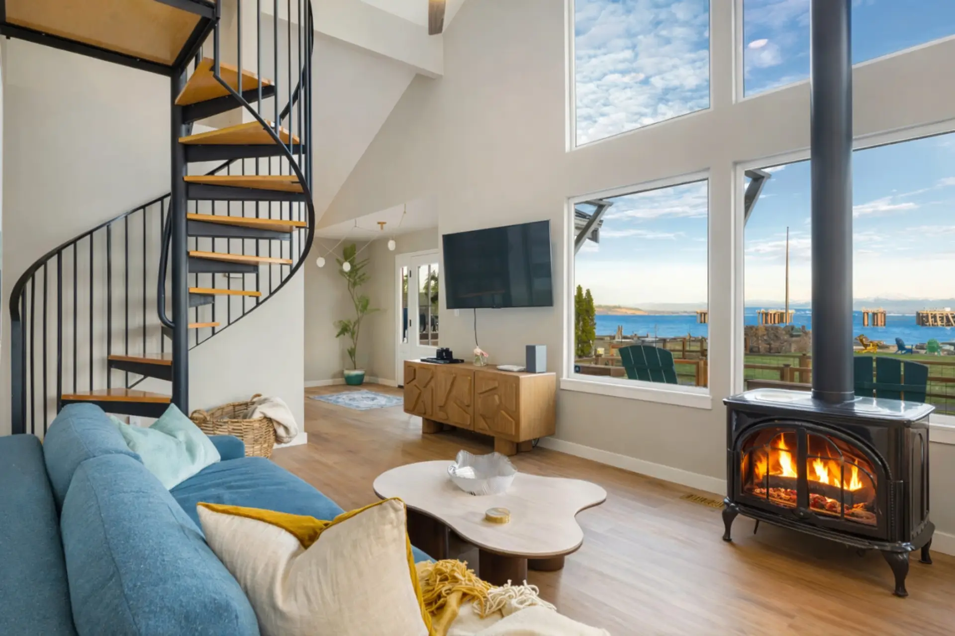 Living room with a view & gas fire place