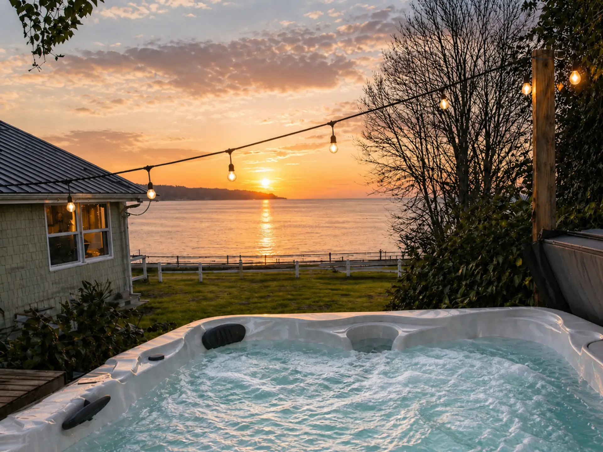 Covered Outdoor Hot Tub with Water View