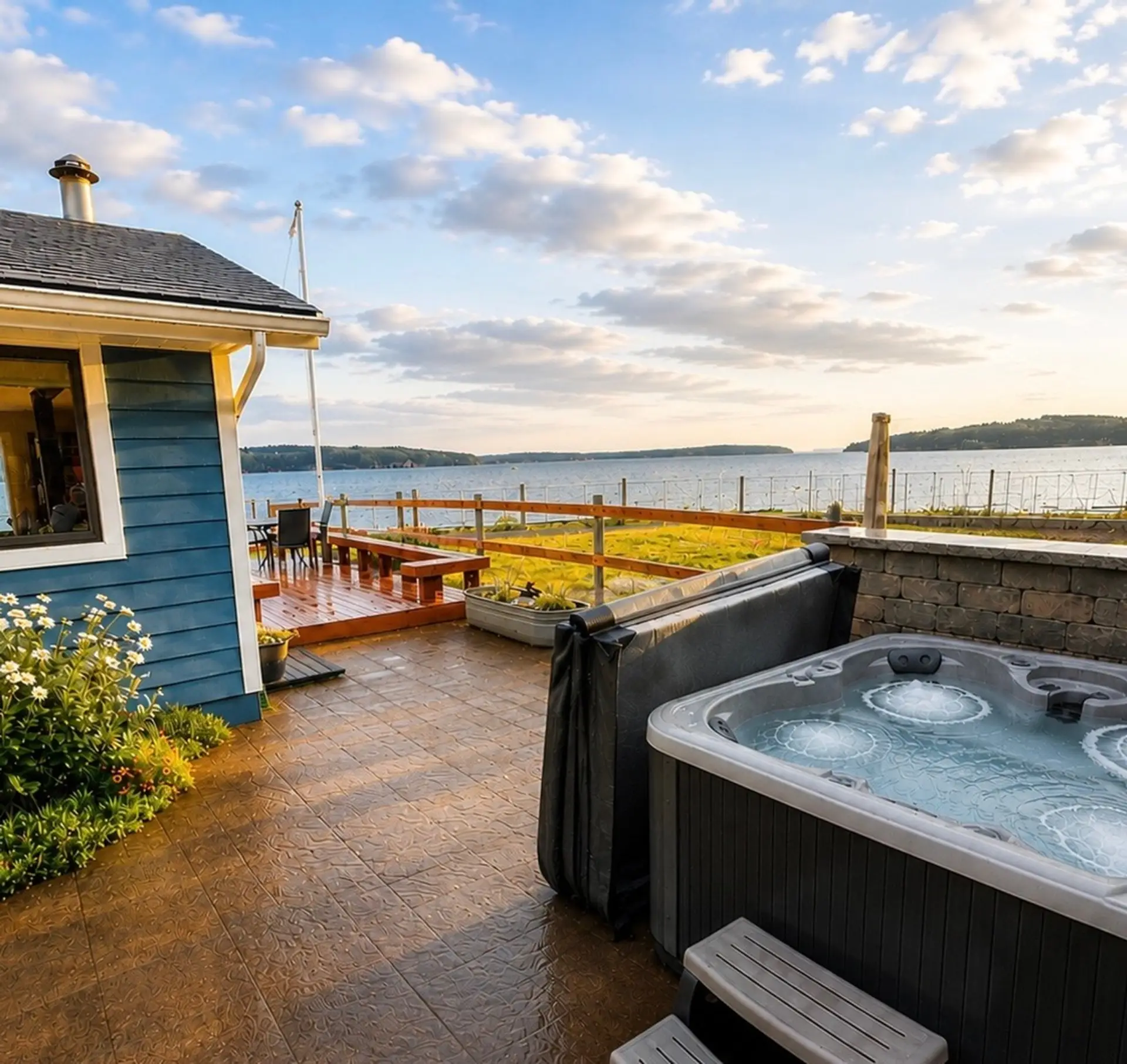 Private waterfront hot tub for evening soaks