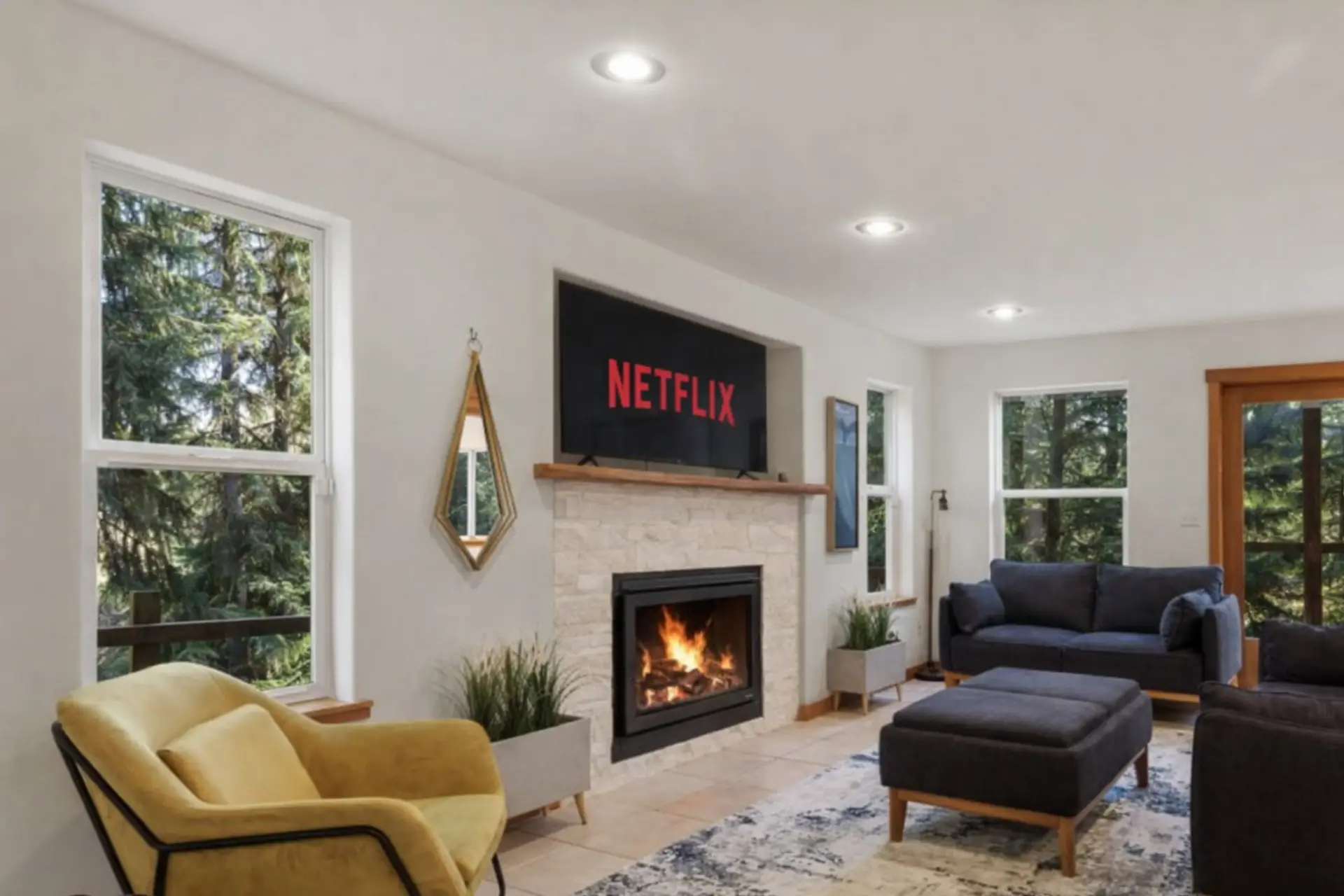 Comfortable living space featuring a fireplace, smart TV and inviting seating.