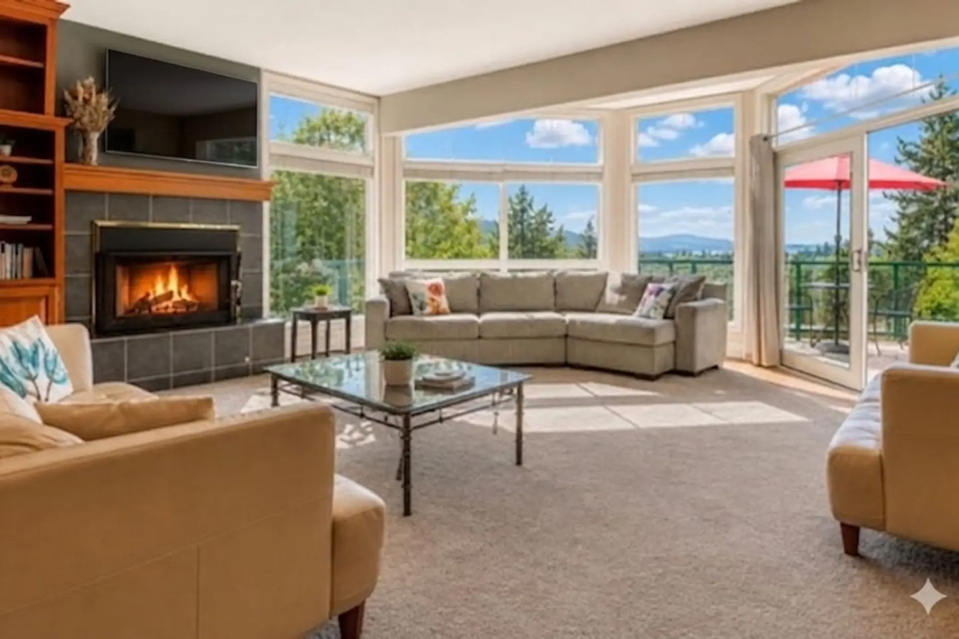 Great room with fireplace and a wall of windows to water and mountains