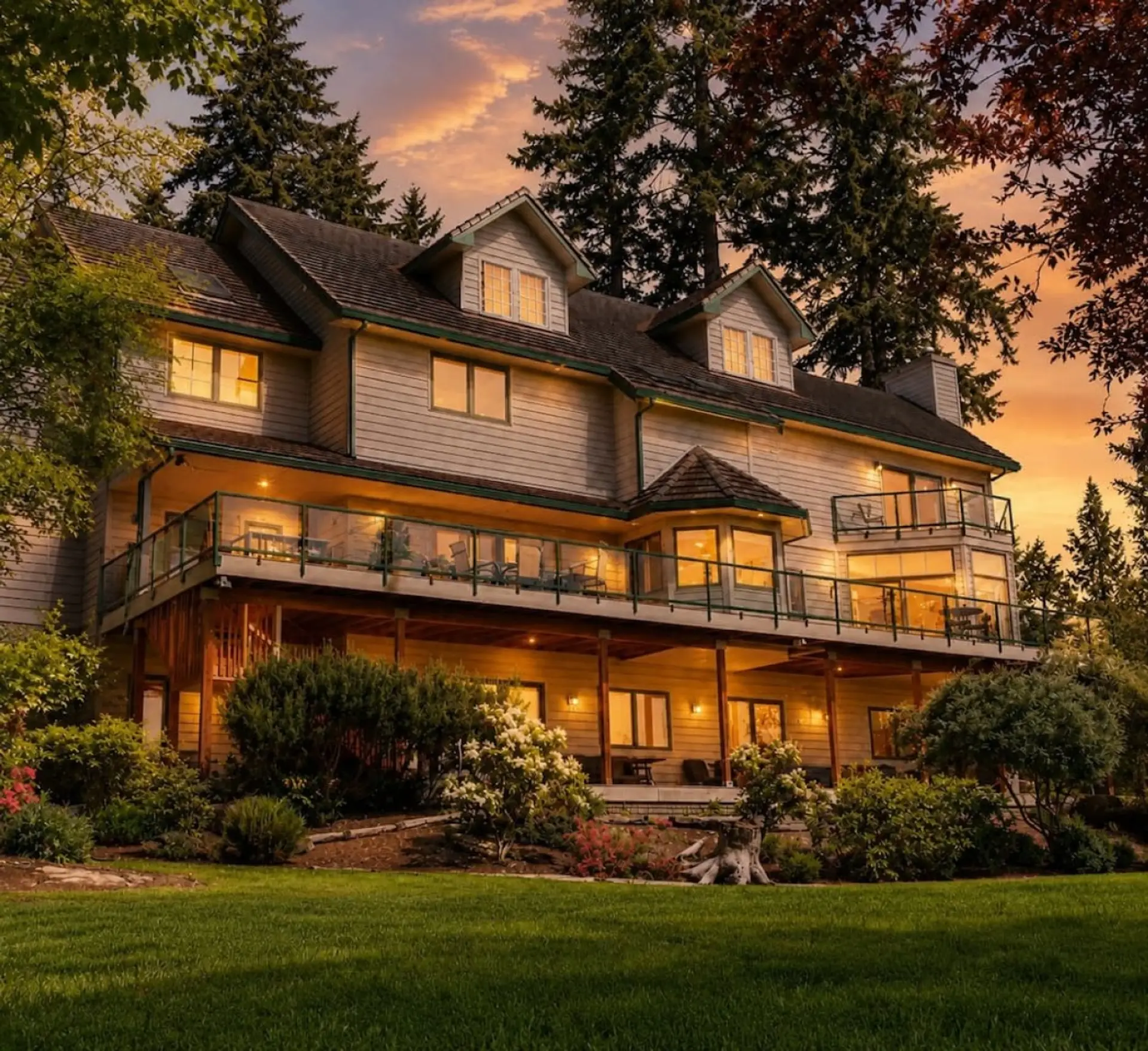 The Quintessa main house at dusk — 9 bedrooms, sleeps 31
