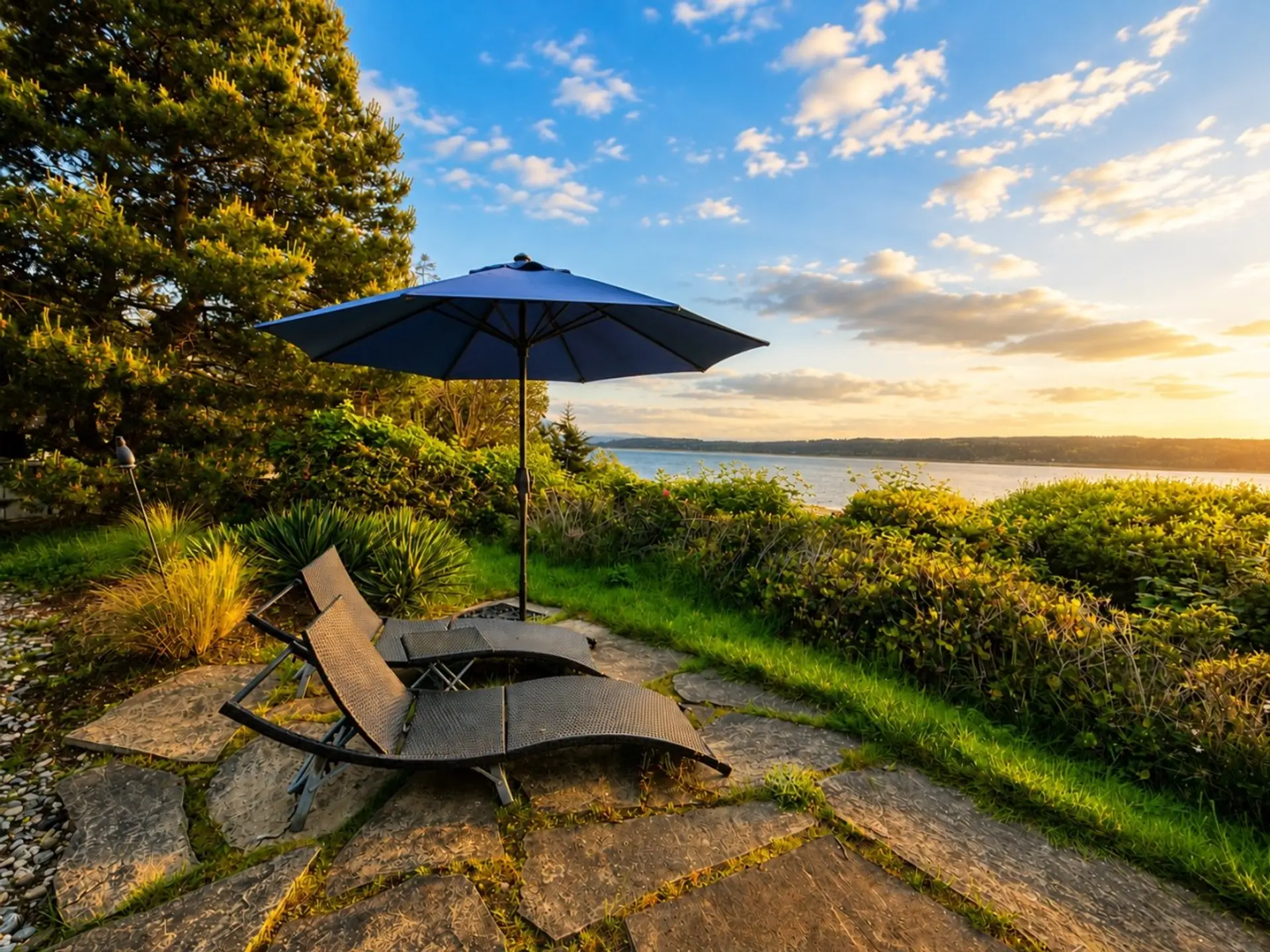 Waterfront patio with umbrella seating and scenic sunset views