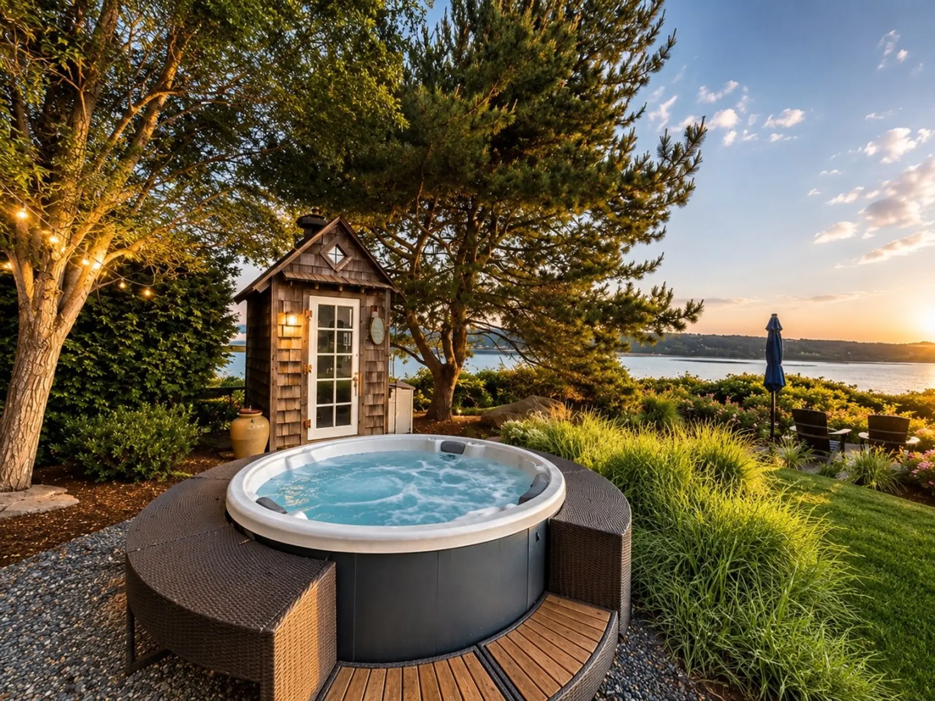 Private hot tub with sunset views overlooking the water