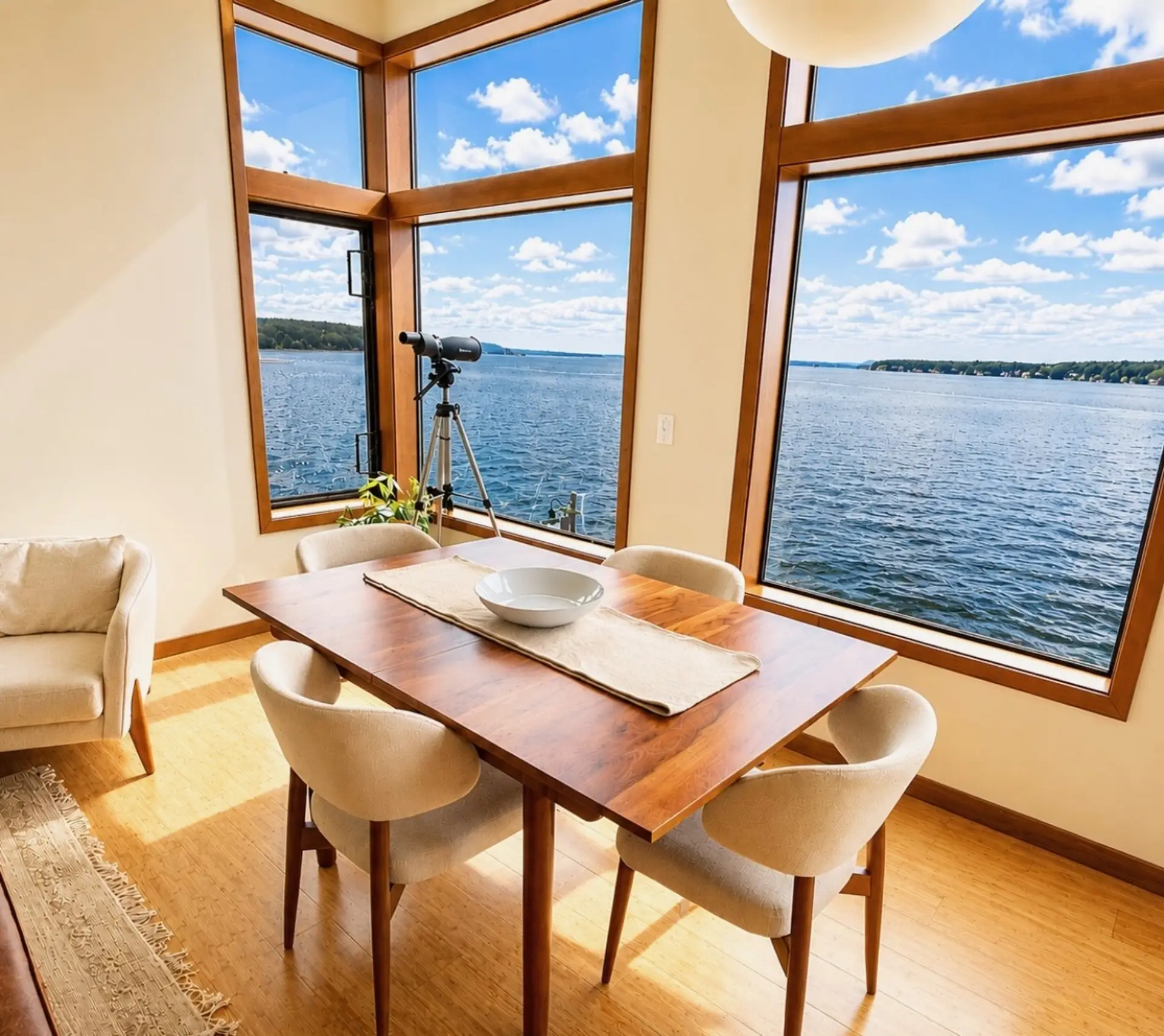 Dining room with panoramic windows and water views