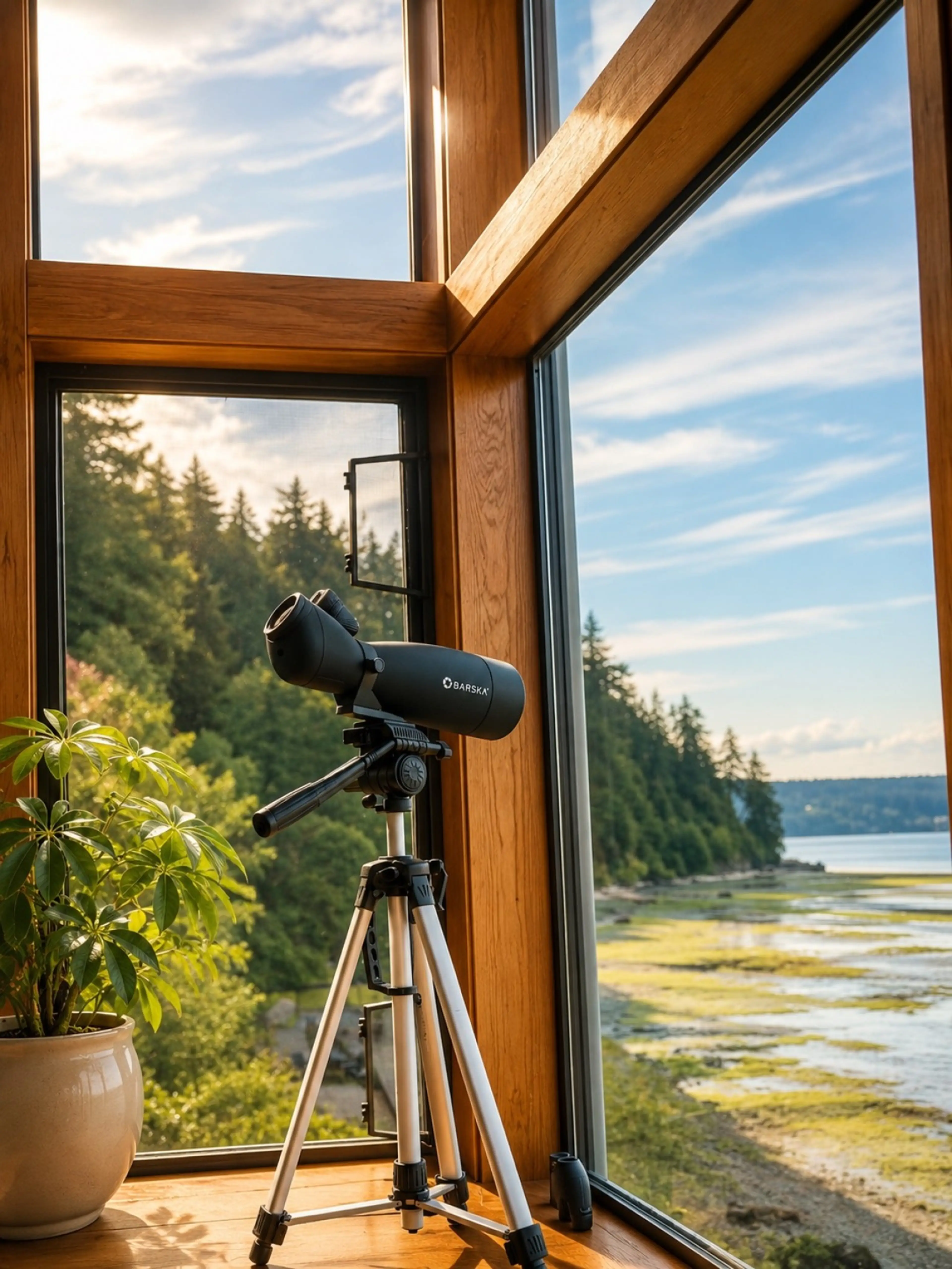 Telescope for wildlife viewing with forest and water scenery