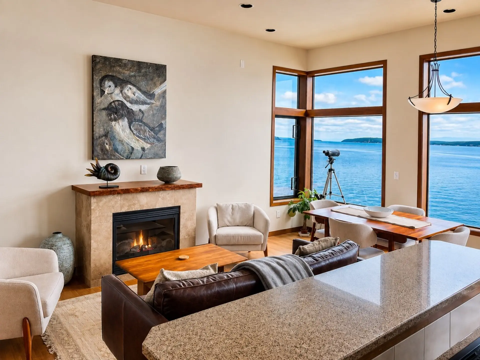 Spacious living room with fireplace and panoramic water views