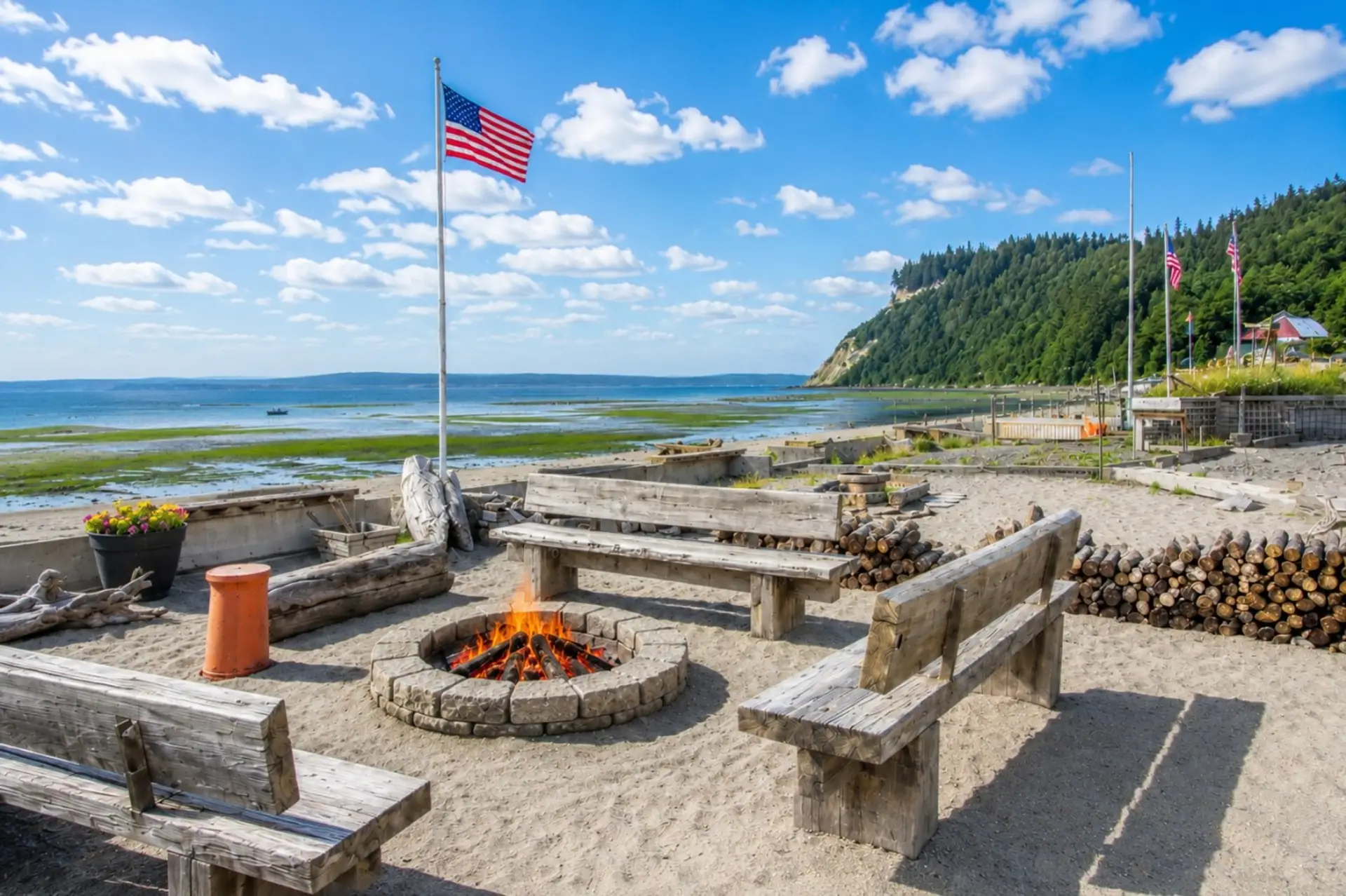 Fire pit area with woodpile and bench seating at the beach edge.