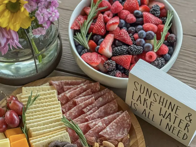 Charcuterie on the deck, sunshine and lake water