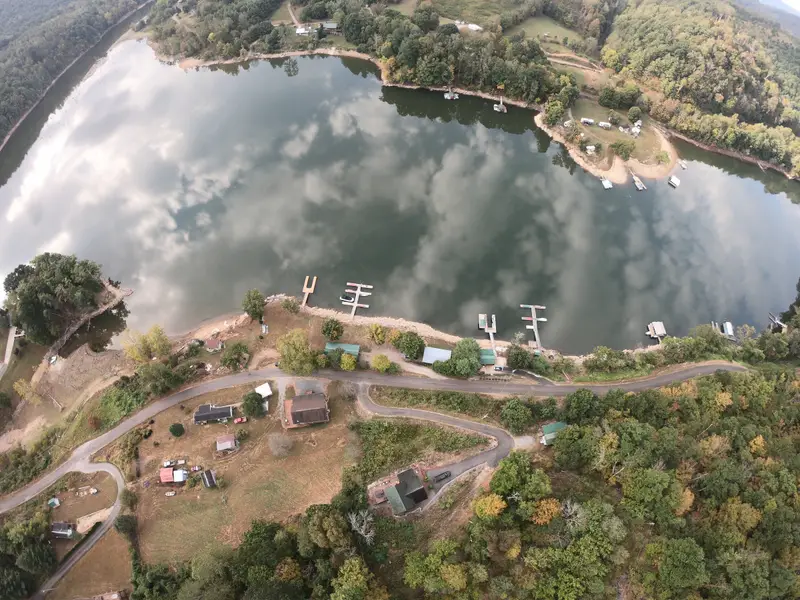 Aerial view of the lakeshore in autumn