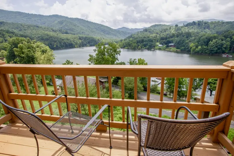 Private balcony seating with lake views