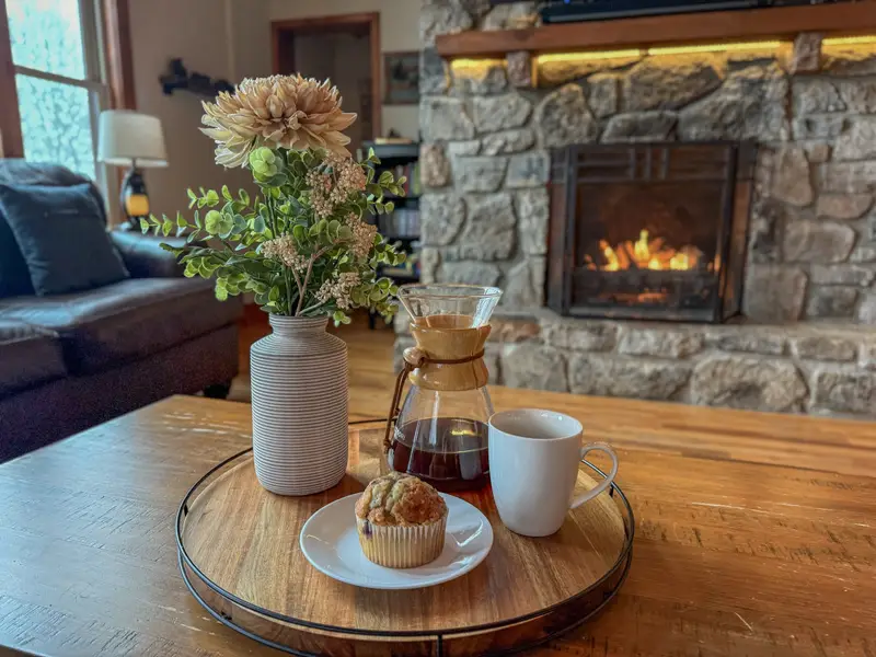 Cozy evenings by the gas-log stone fireplace