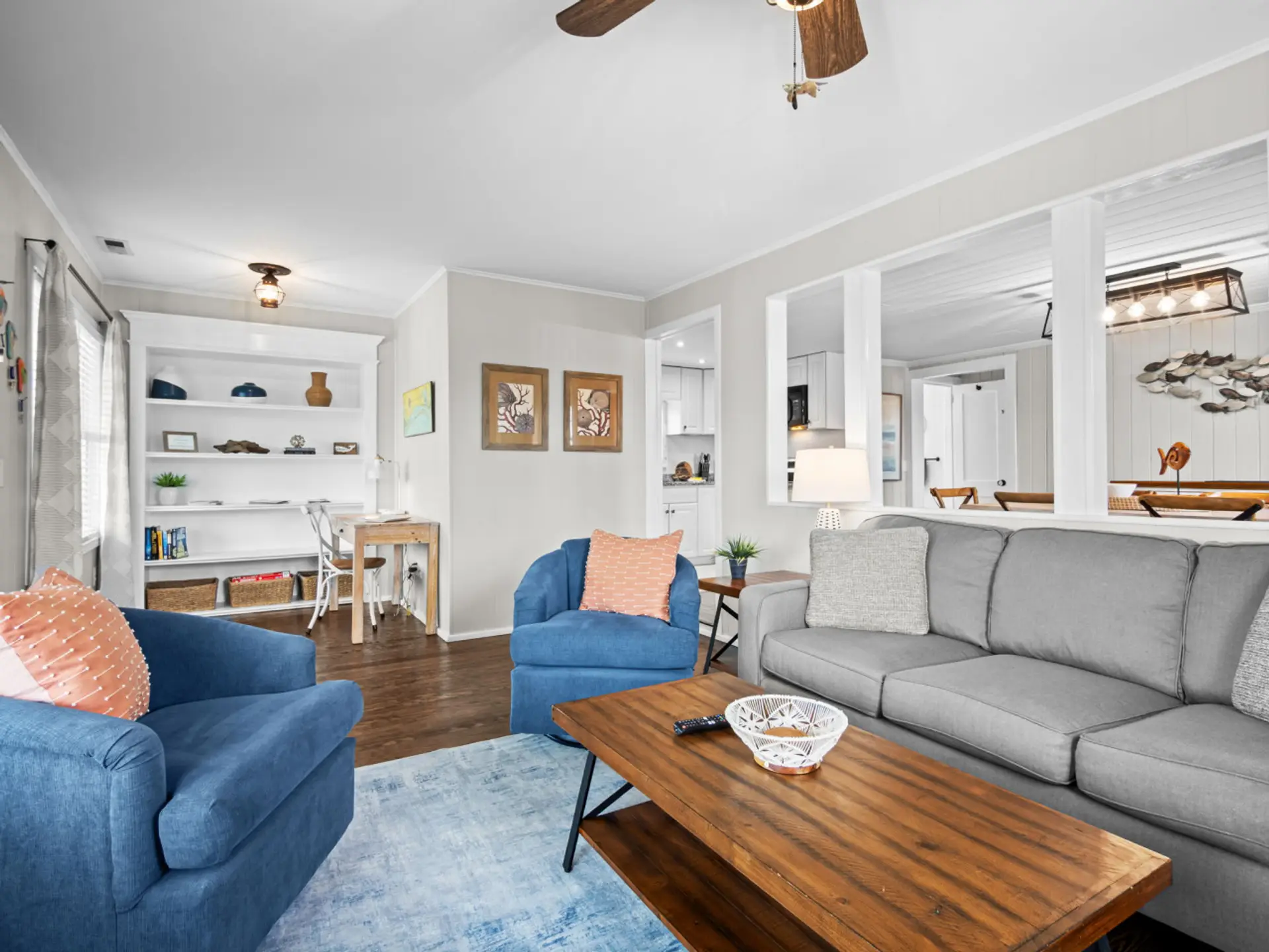 Bright, beachy, and beautifully simple. The living room at AB Sea Digs is the heart of the home—sun-filled, comfortable, and designed for easy coastal living.