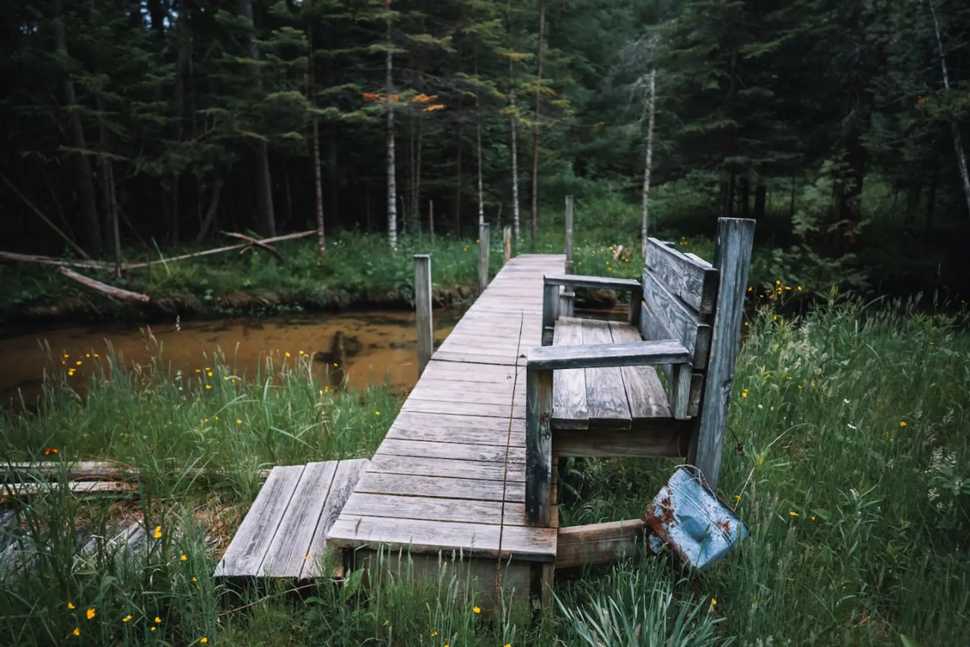 the private rustic bridge for sitting and enjoying the sounds of finch creek and surrounding nature.