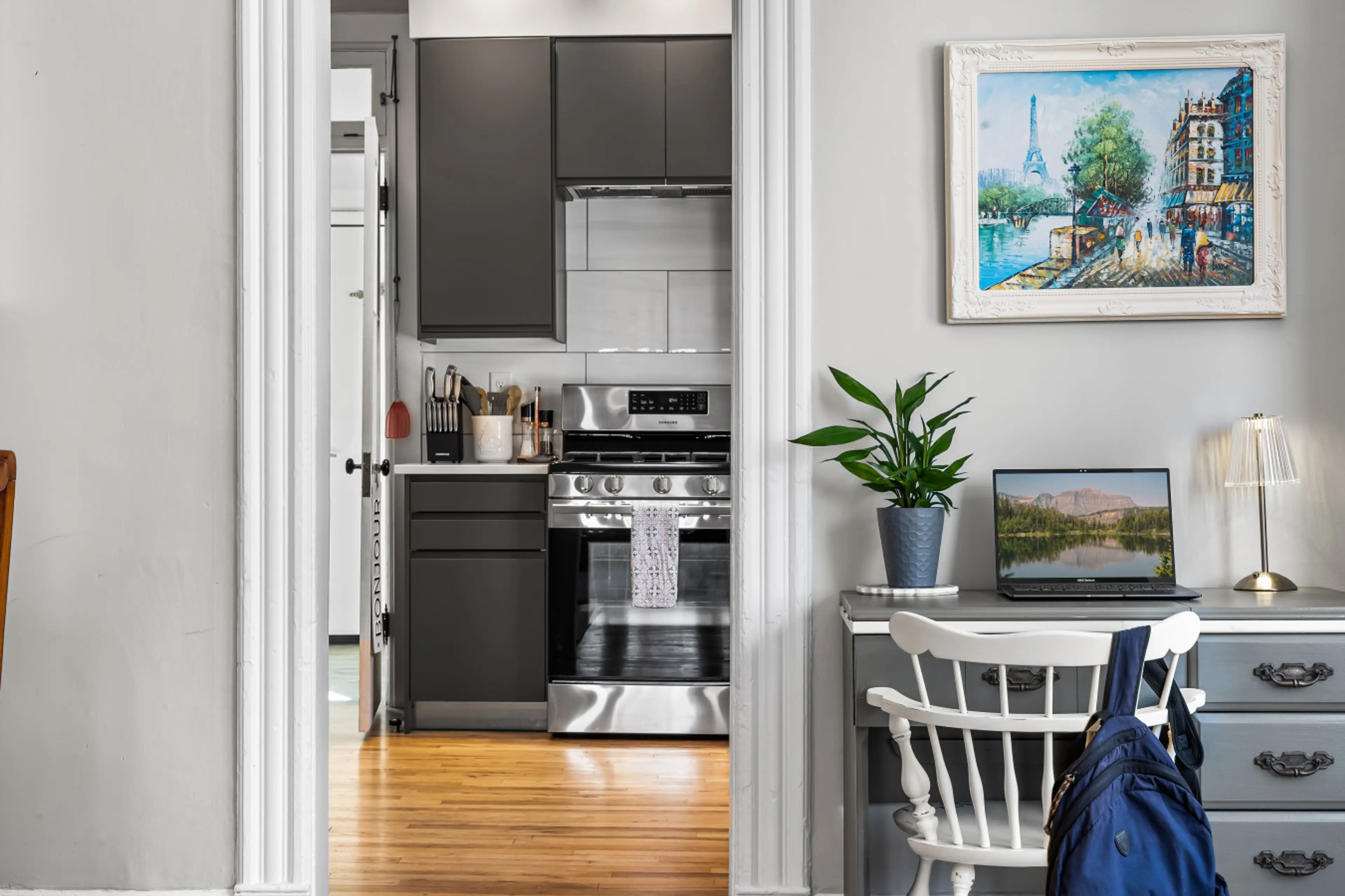 There's even a small desk and chair provided for remote workers