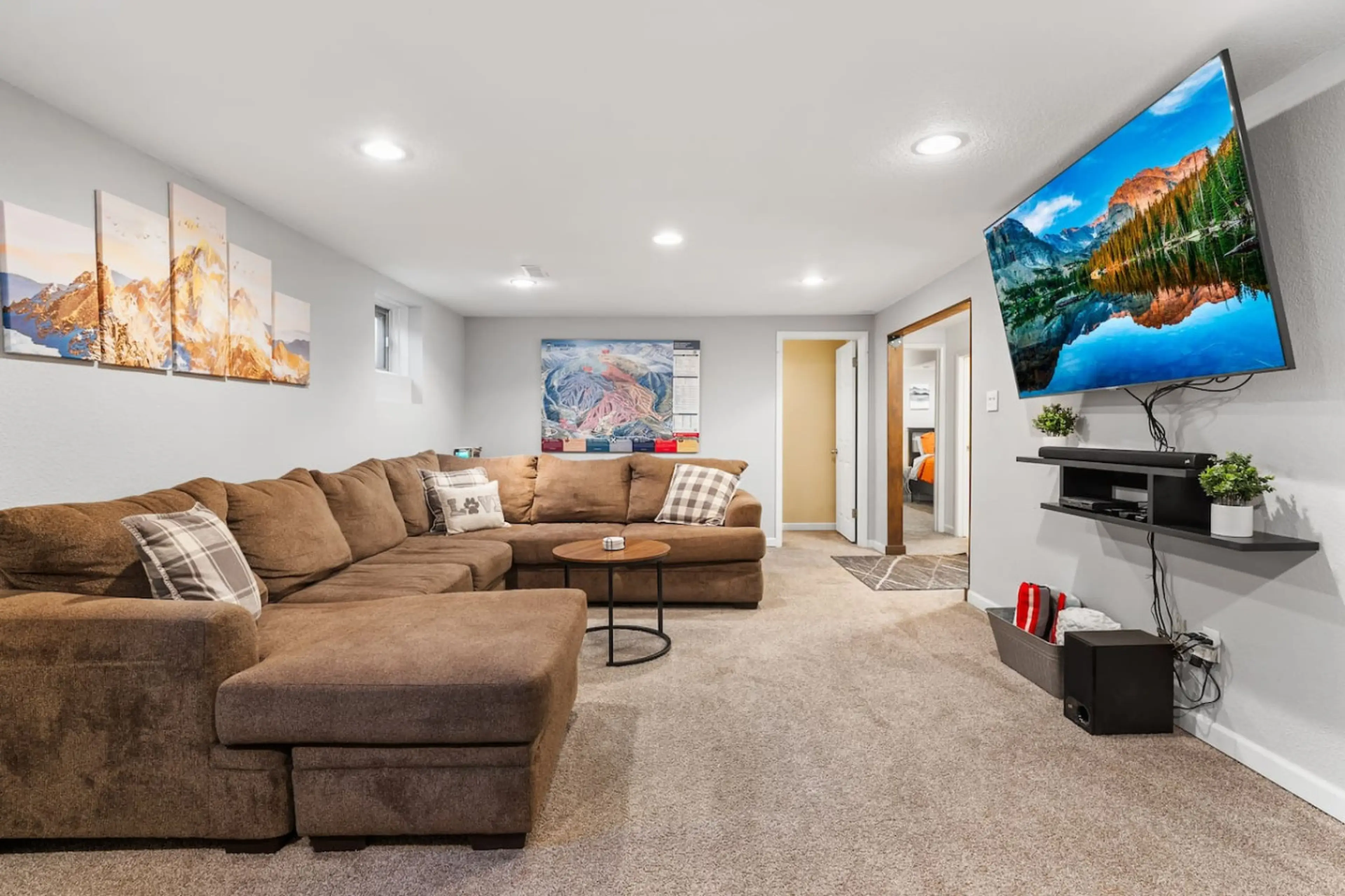 The downstairs comes with a huge Smart TV, tons of DVDS, and a big couch for hanging with your entire group