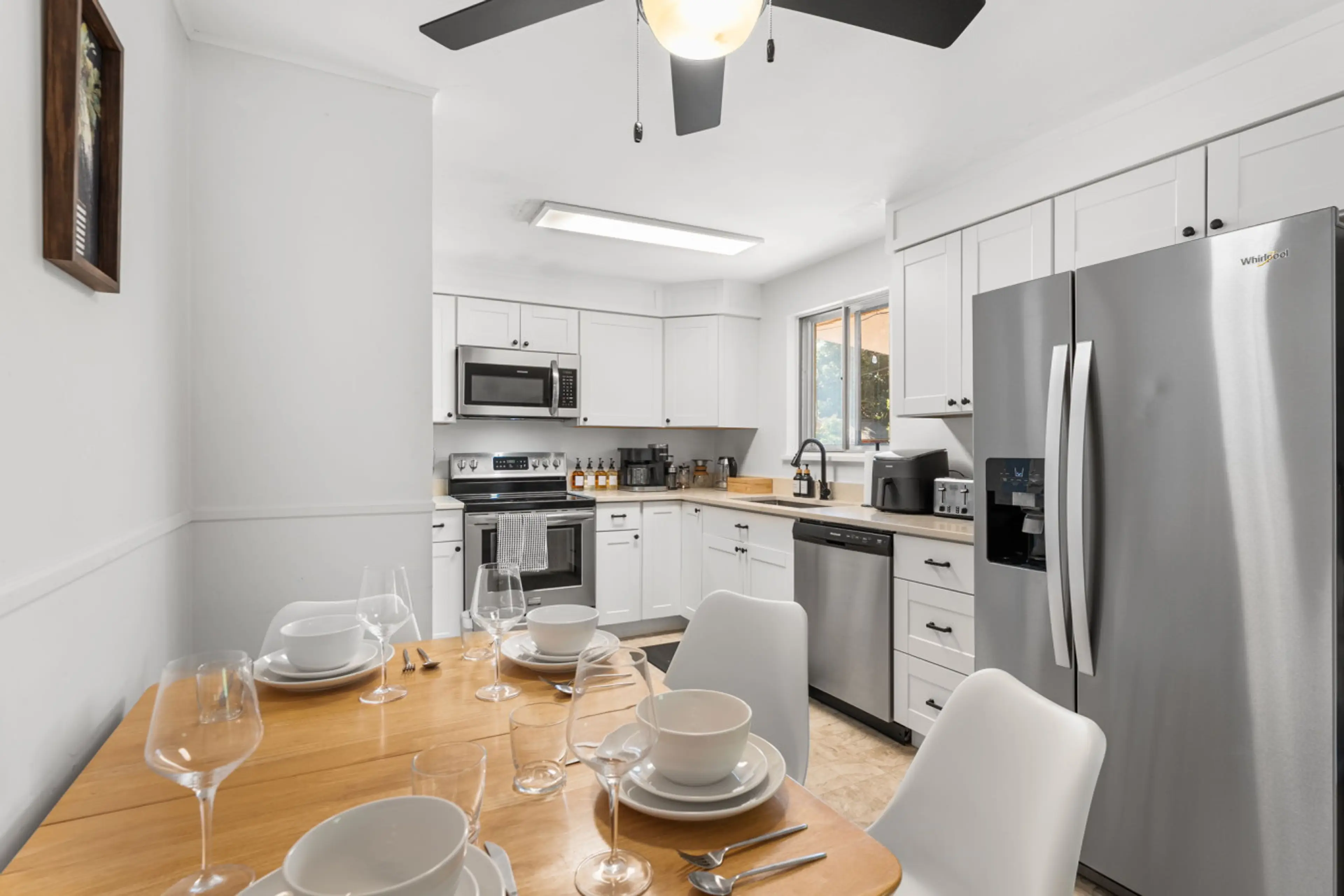 The kitchen has new cabinets, stainless steel appliances, and everything you need to enjoy a home-cooked meal