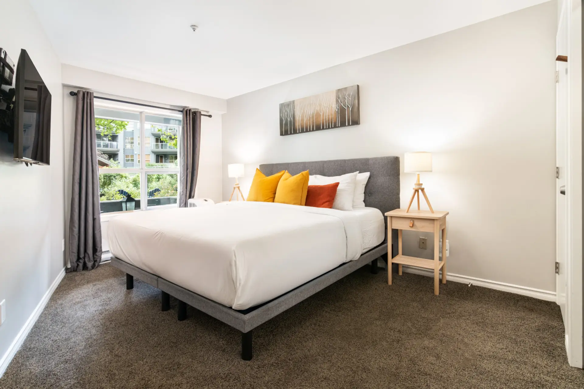 Main bedroom featuring a king bed, second TV, and a spacious storage closet