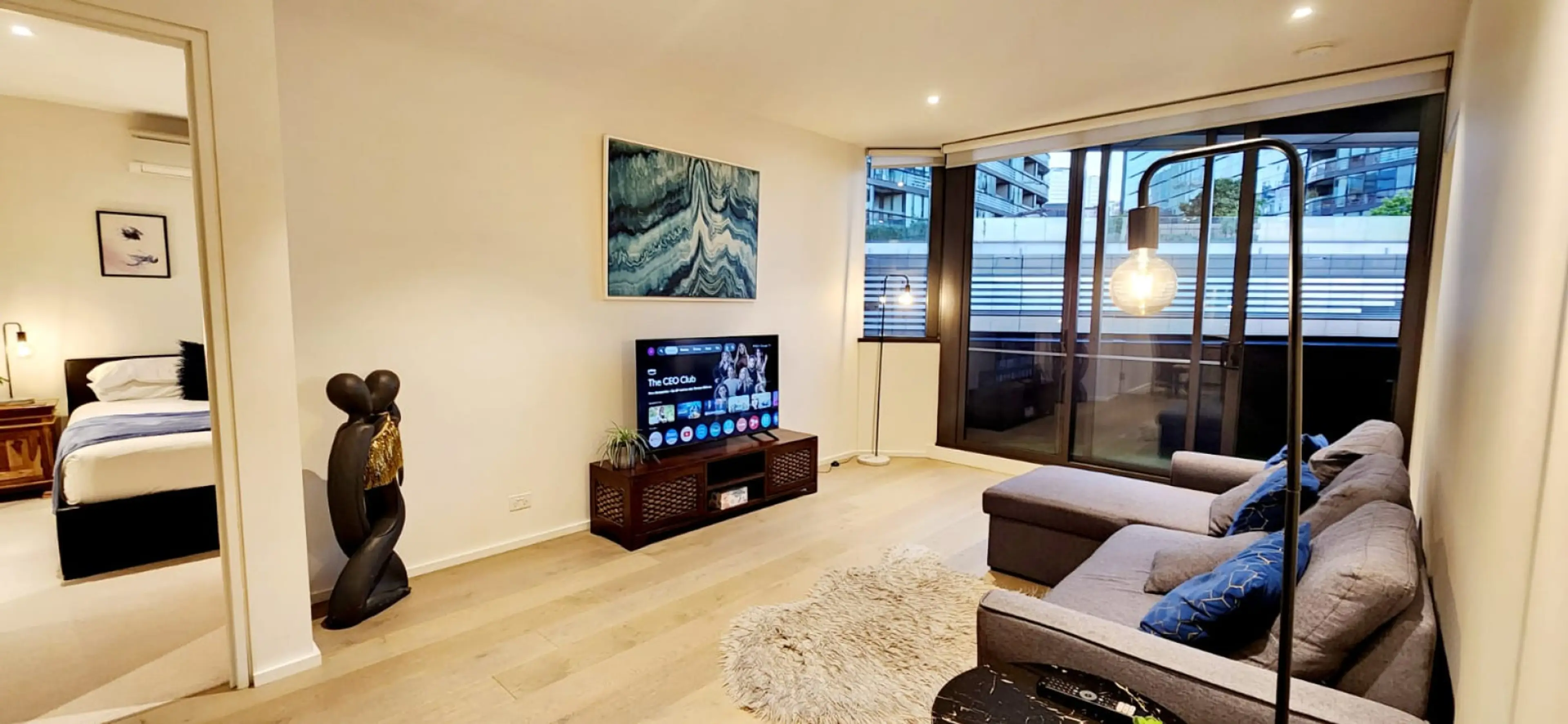 Open plan Lounge room with double sofa bed. Split system Air-conditioning.