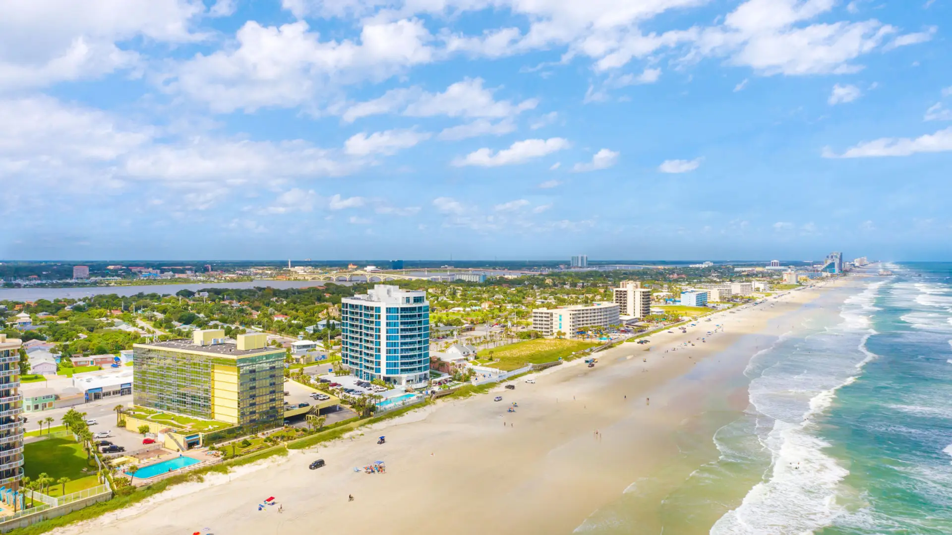 Aerial view of Oceanside Inn, Daytona Beach, and surrounding properties