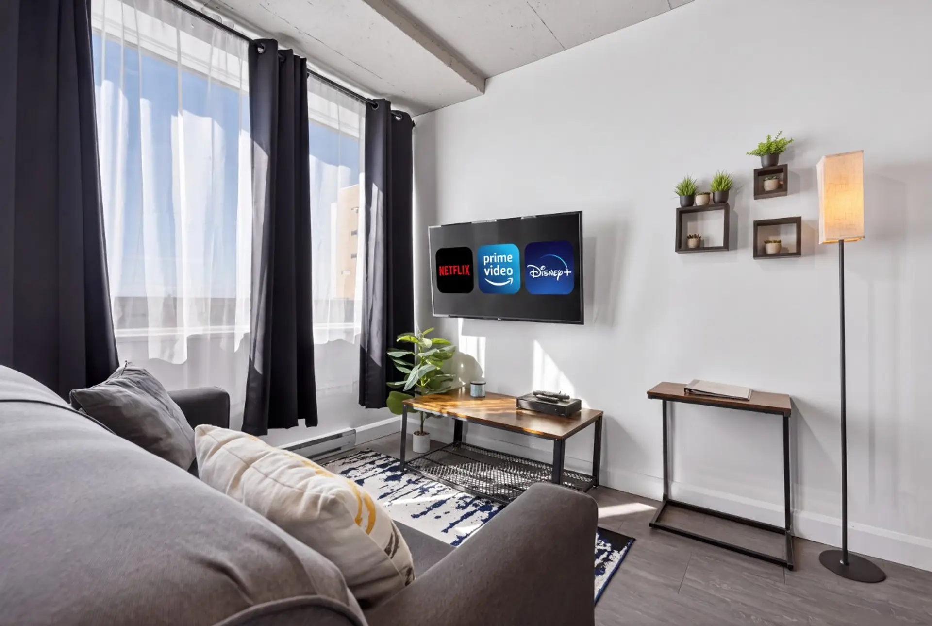 Salon avec TV intelligente et divan/lit double