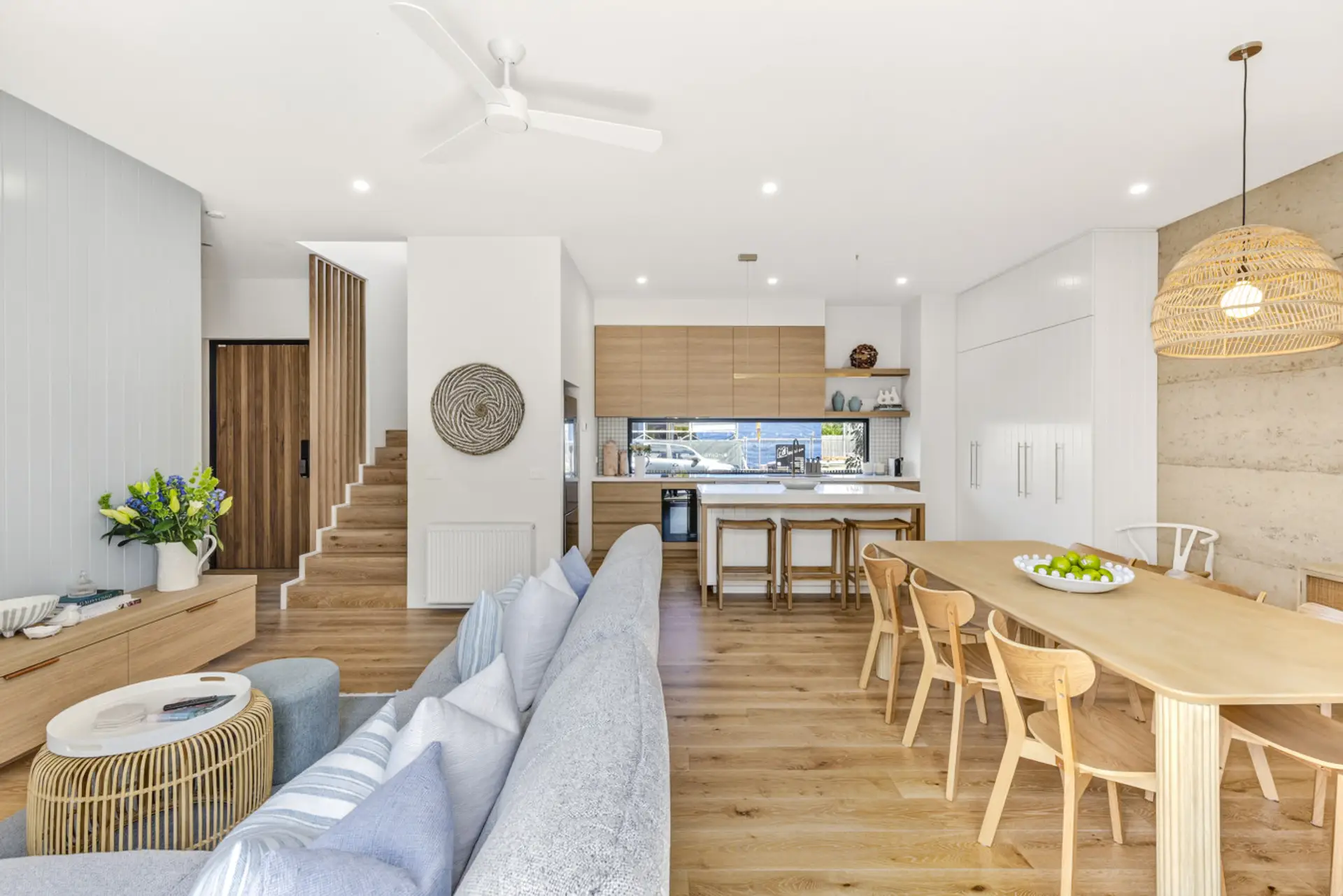 Open plan kitchen living and dining with smart TV and WIFI, aircon and heating