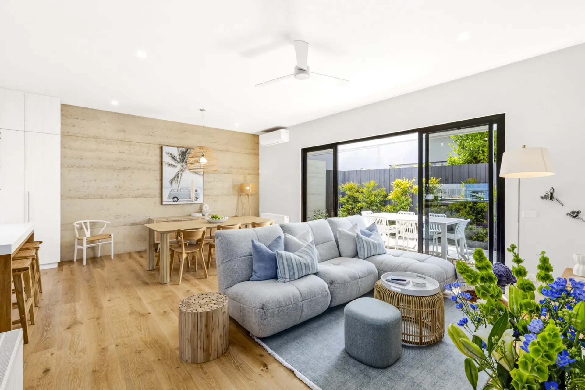 Open plan kitchen living and dining with smart TV and WIFI, aircon and heating
