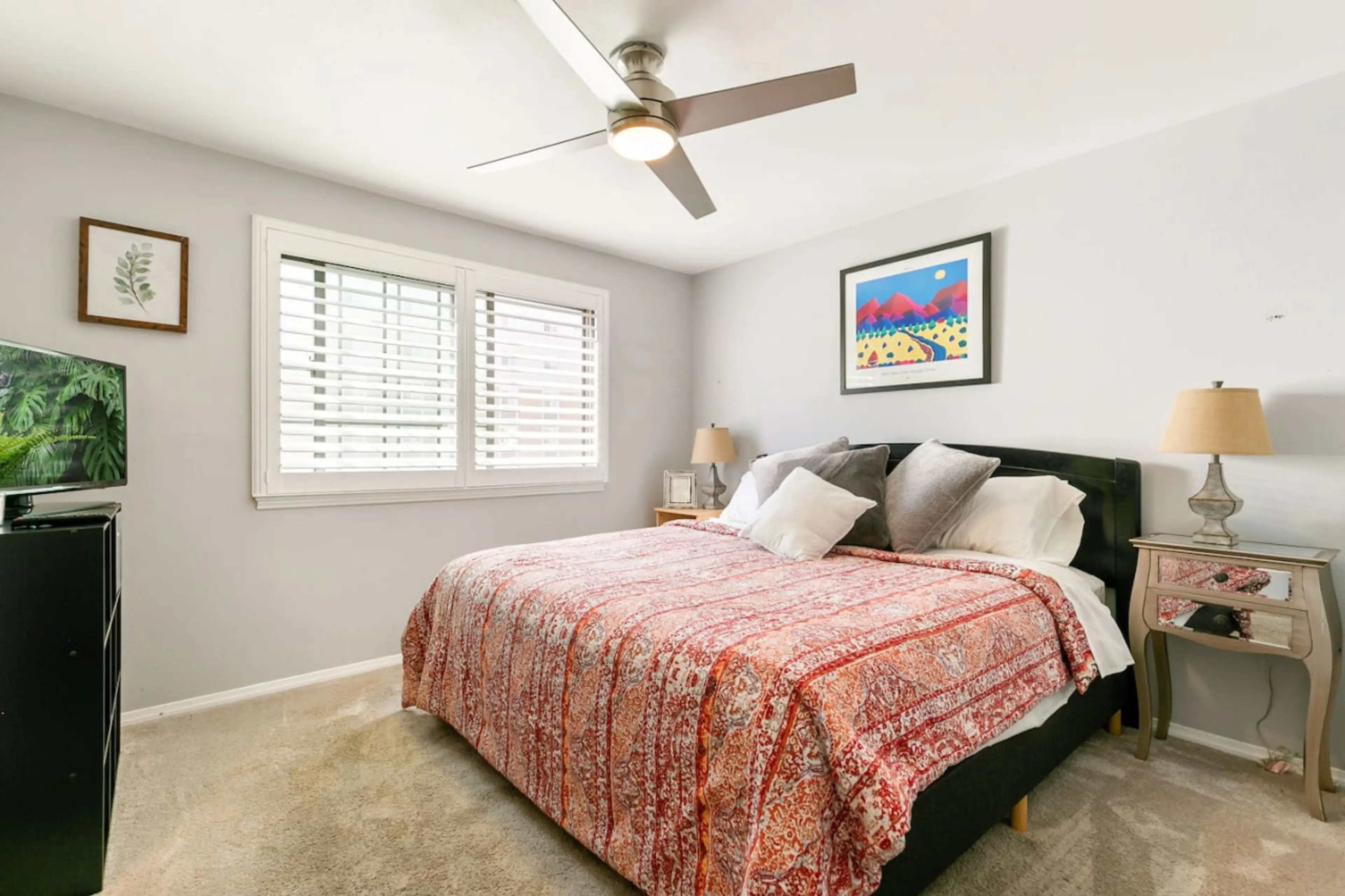 The Master bedroom has a comfortable king-sized bed.