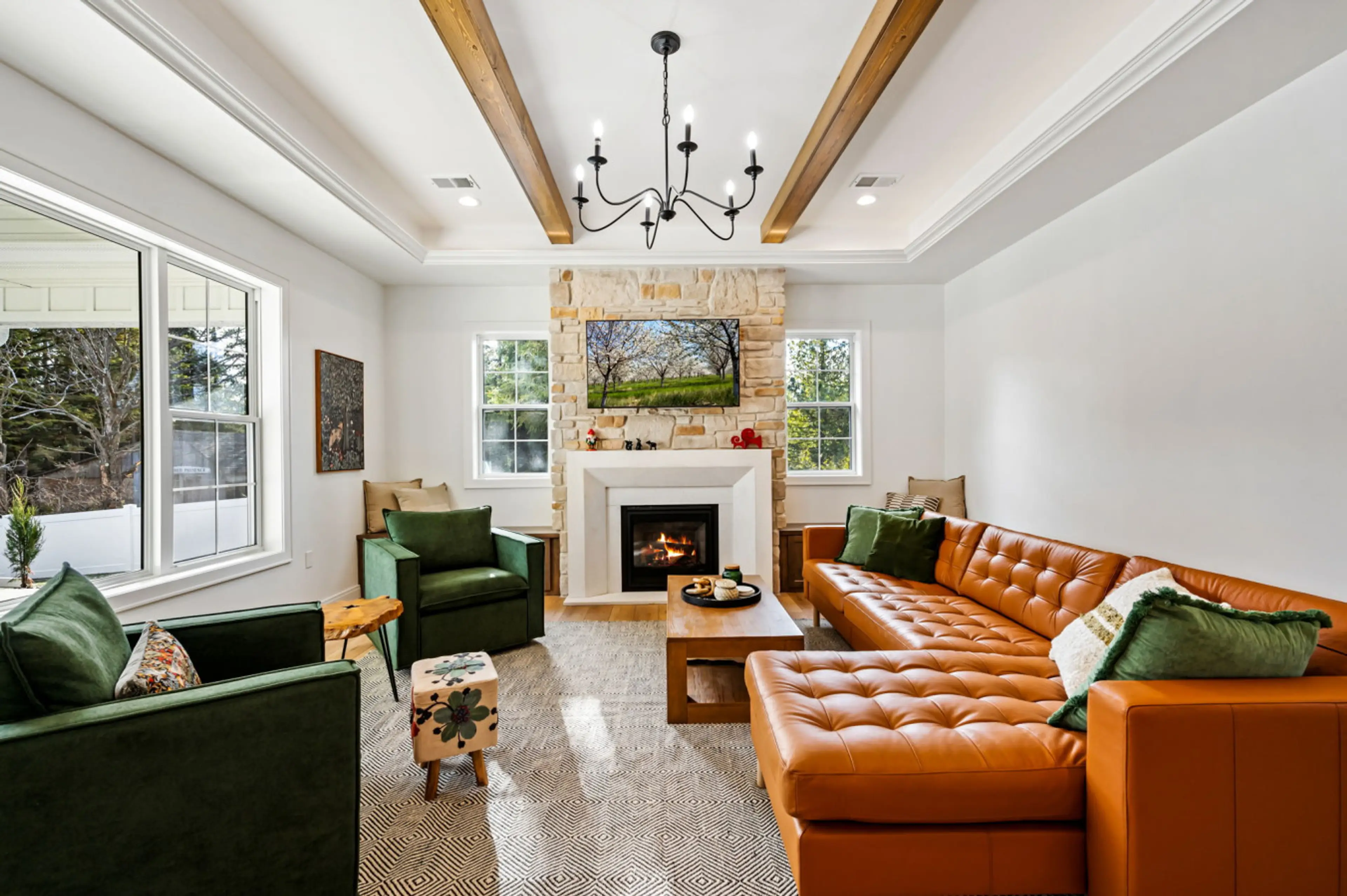 Living Room: Ignite relaxation in this stylish retreat with wooded views and chic decor!