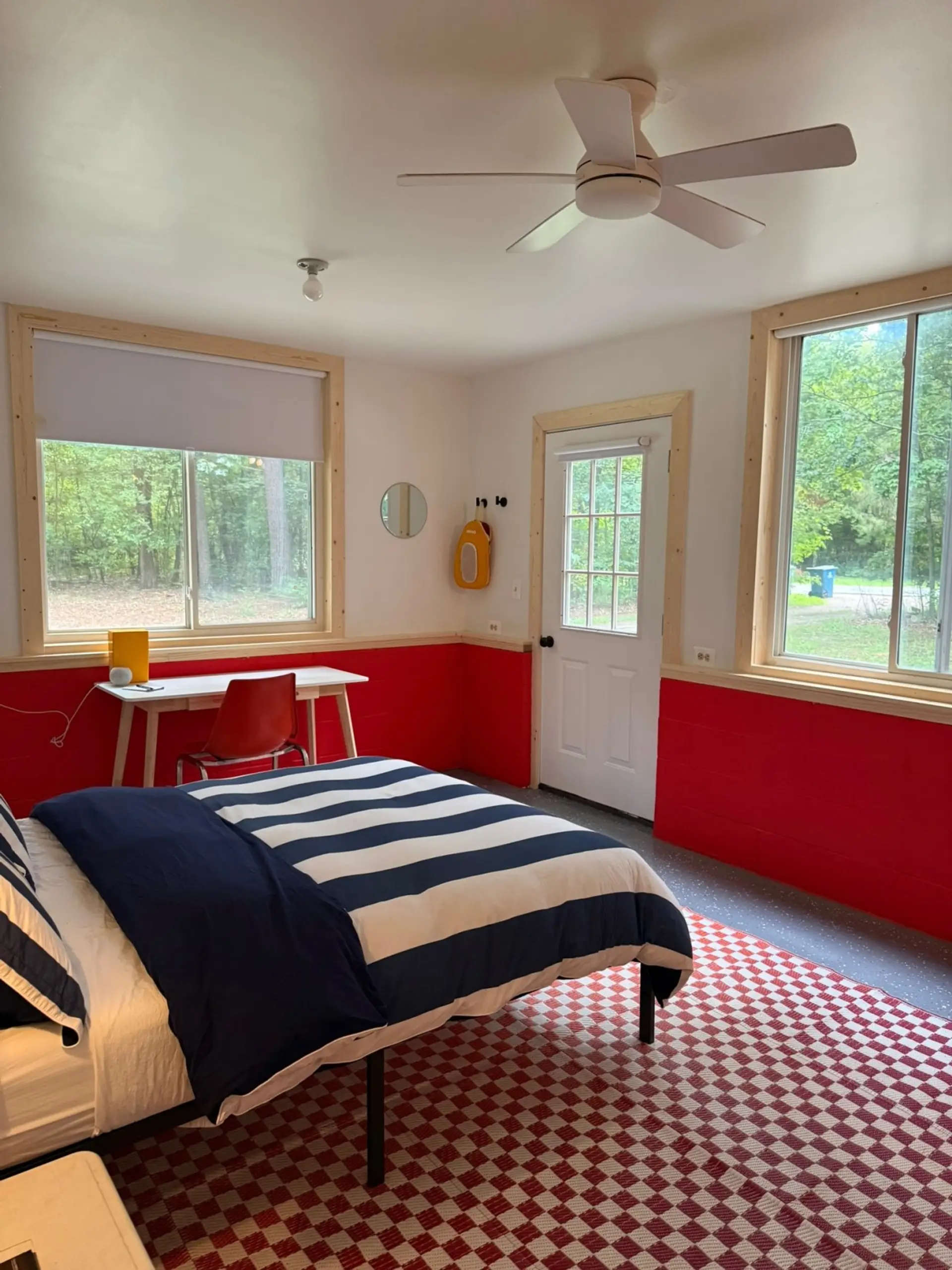 The Lodge sleeps up to 6 with a cozy queen bed, twin bunk beds, and a queen sleeper sofa — perfect for families or a small group getaway.