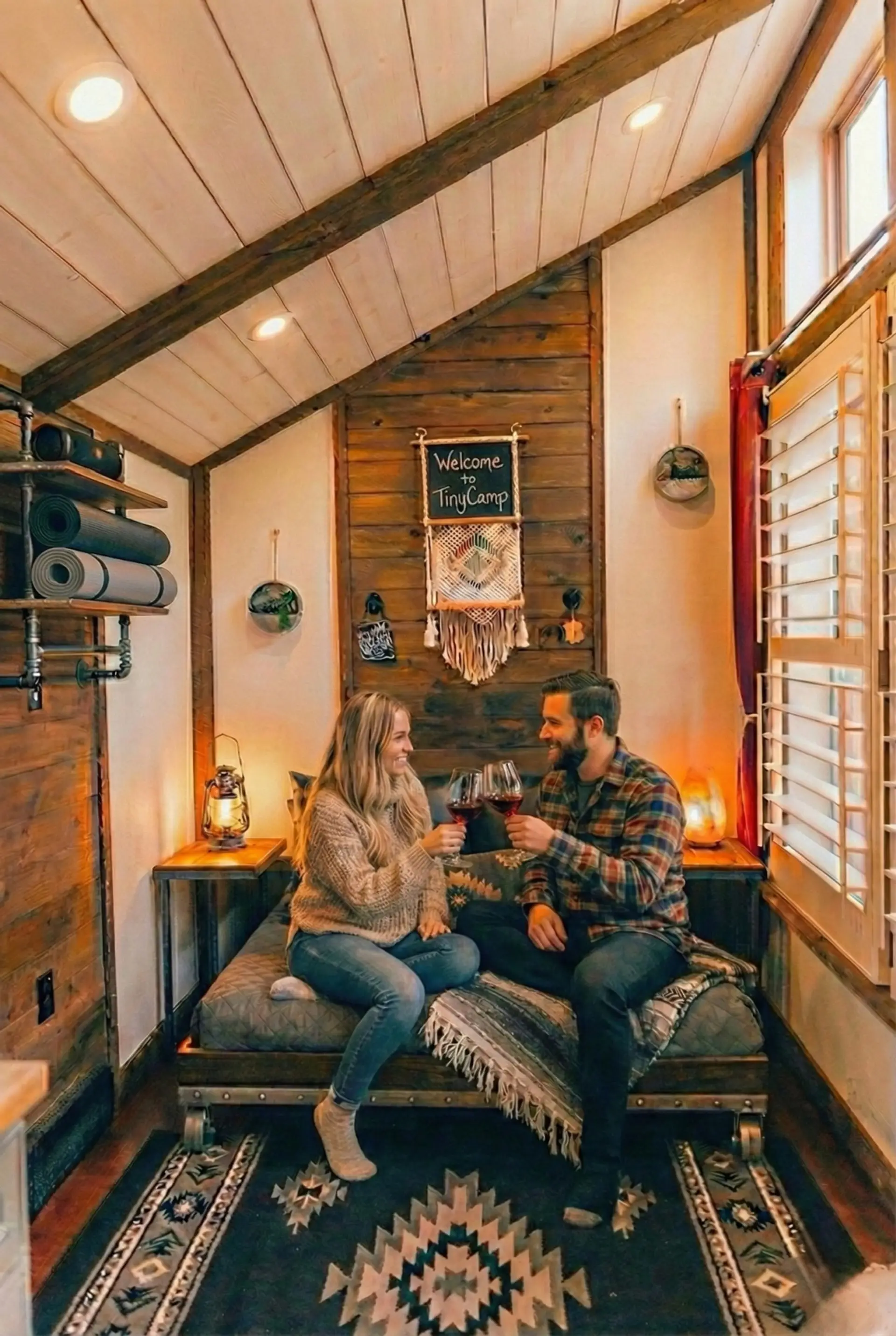 Cozy Scandinavian-inspired living space featuring a comfortable lounge, warm wood interiors, natural light, and thoughtfully curated décor. The perfect place to relax after exploring Sedona Wine Country.