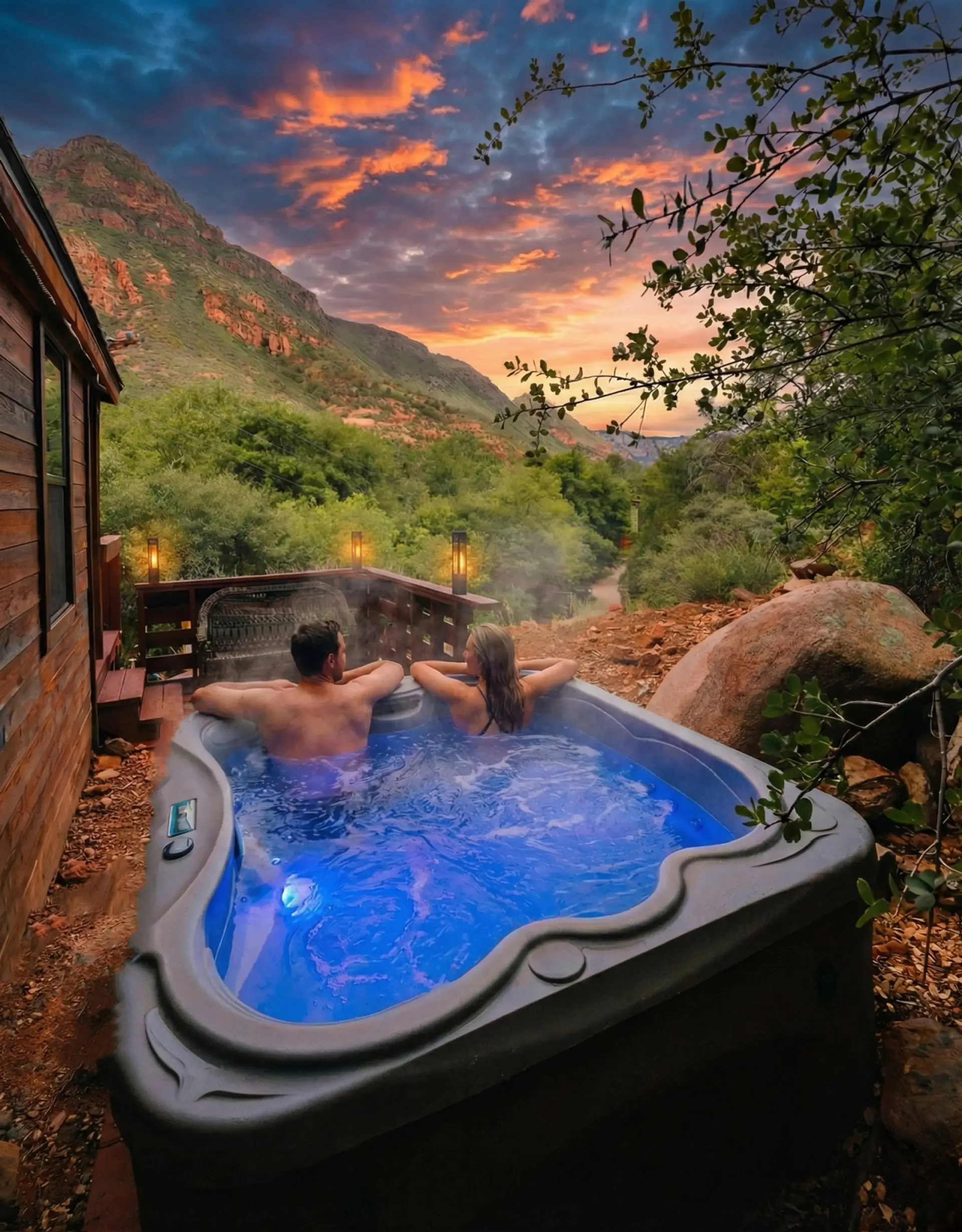Watch the sky ignite in orange and pink from the private hot tub, string lights glowing along the deck as the mountains darken around you — this is the view guests photograph the most.