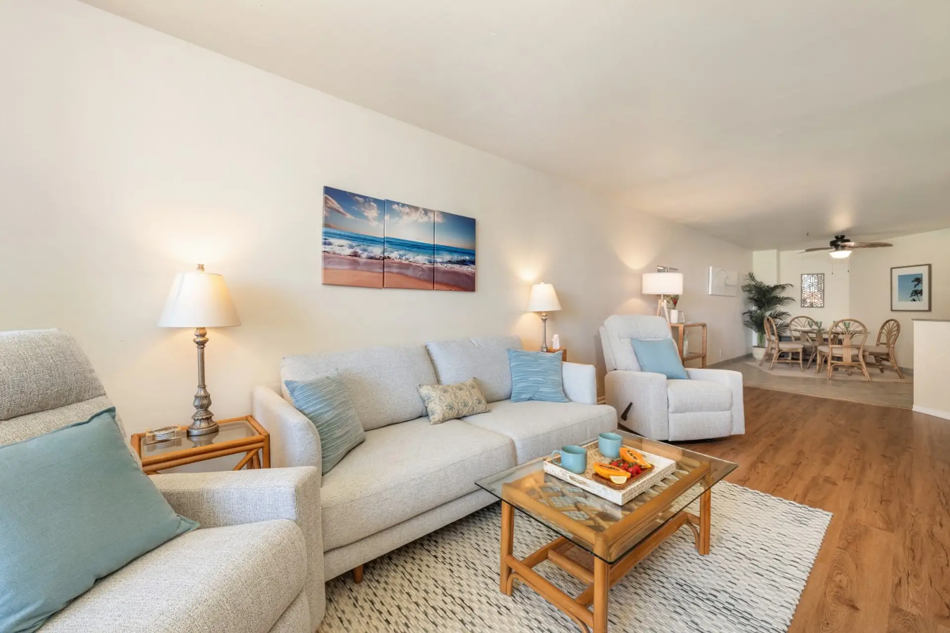 Spacious living room with updated furniture and decor
