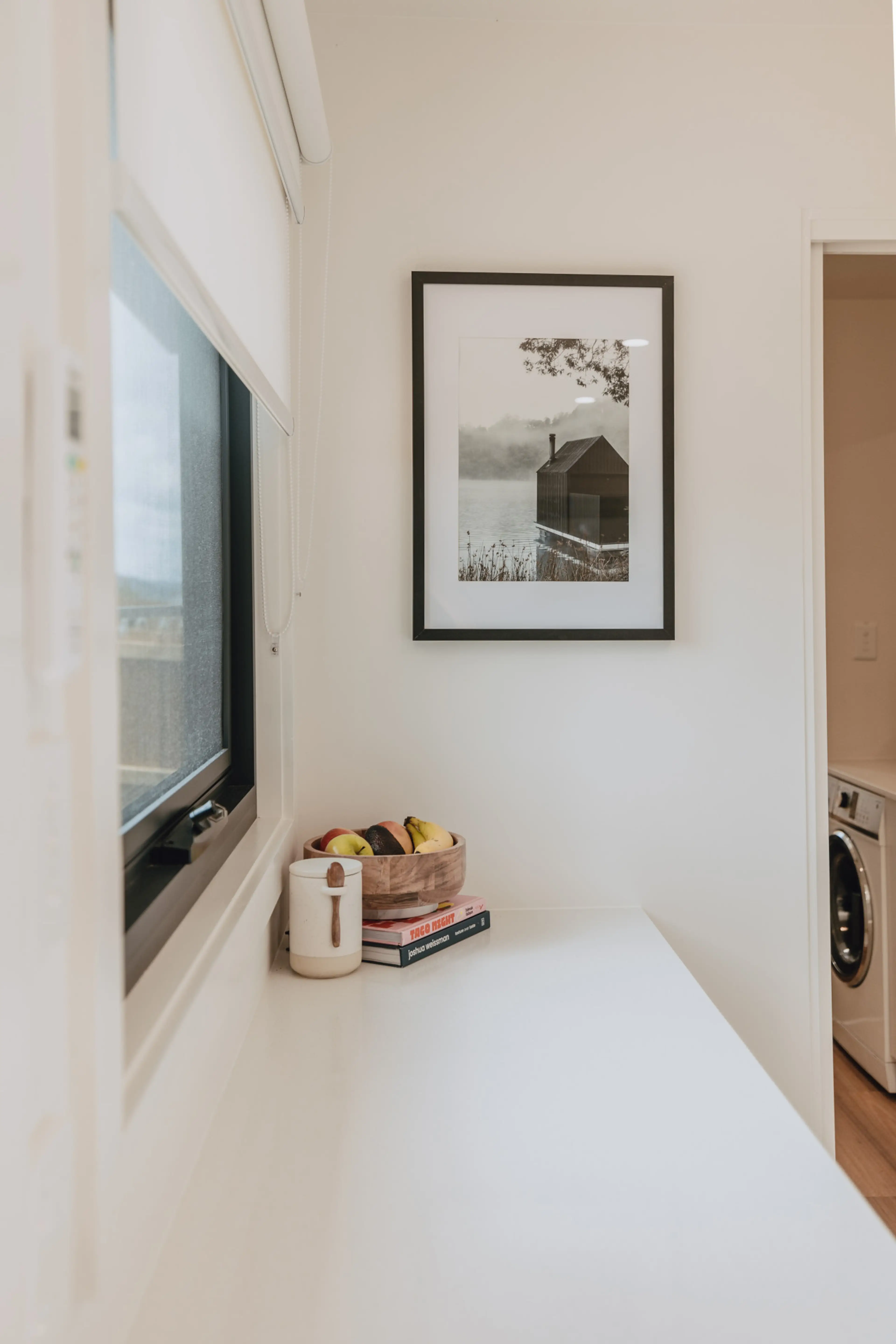 Bench space to cook while looking out the window.