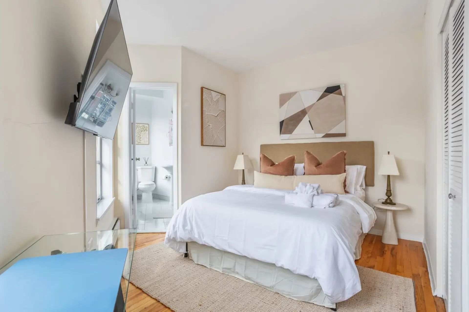 Aesthetic minimalist bright bedroom in neutral tones